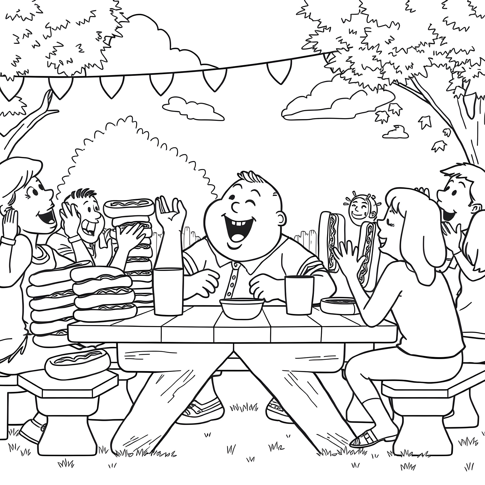 Frankie MacDonald enjoying a festive outdoor gathering with friends Coloring Page (free black-and-white line drawing printable PDF for all, from beginners to advanced learners, including children, teens, adults, and seniors)