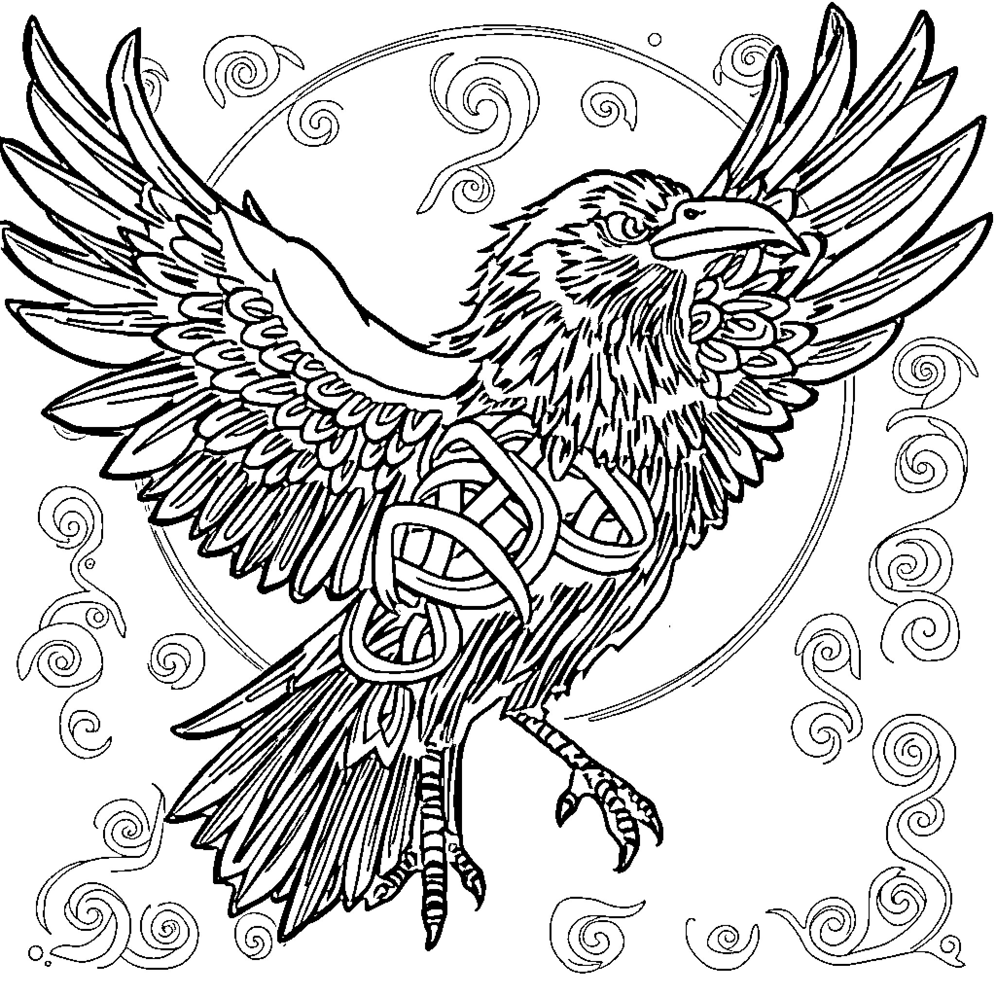 Raven in Intricate Tribal Design Coloring Page (free black-and-white line drawing printable PDF for all, from beginners to advanced learners, including children, teens, adults, and seniors)