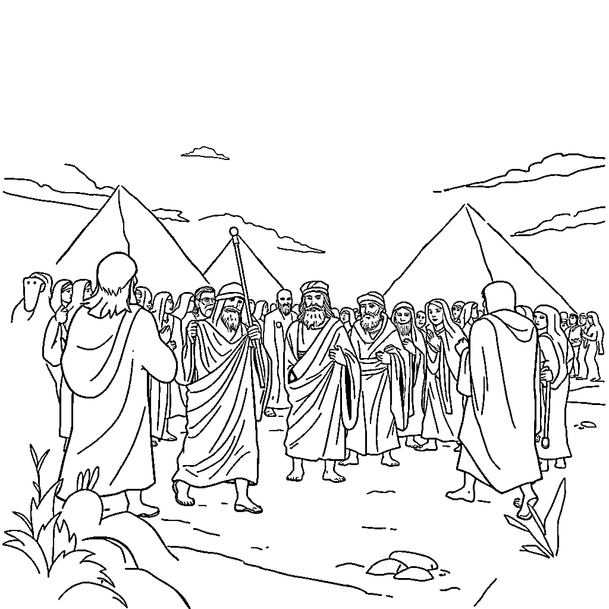Moses Leading the Israelites Through the Wilderness Coloring Page (free black-and-white line drawing printable PDF for all, from beginners to advanced learners, including children, teens, adults, and seniors)