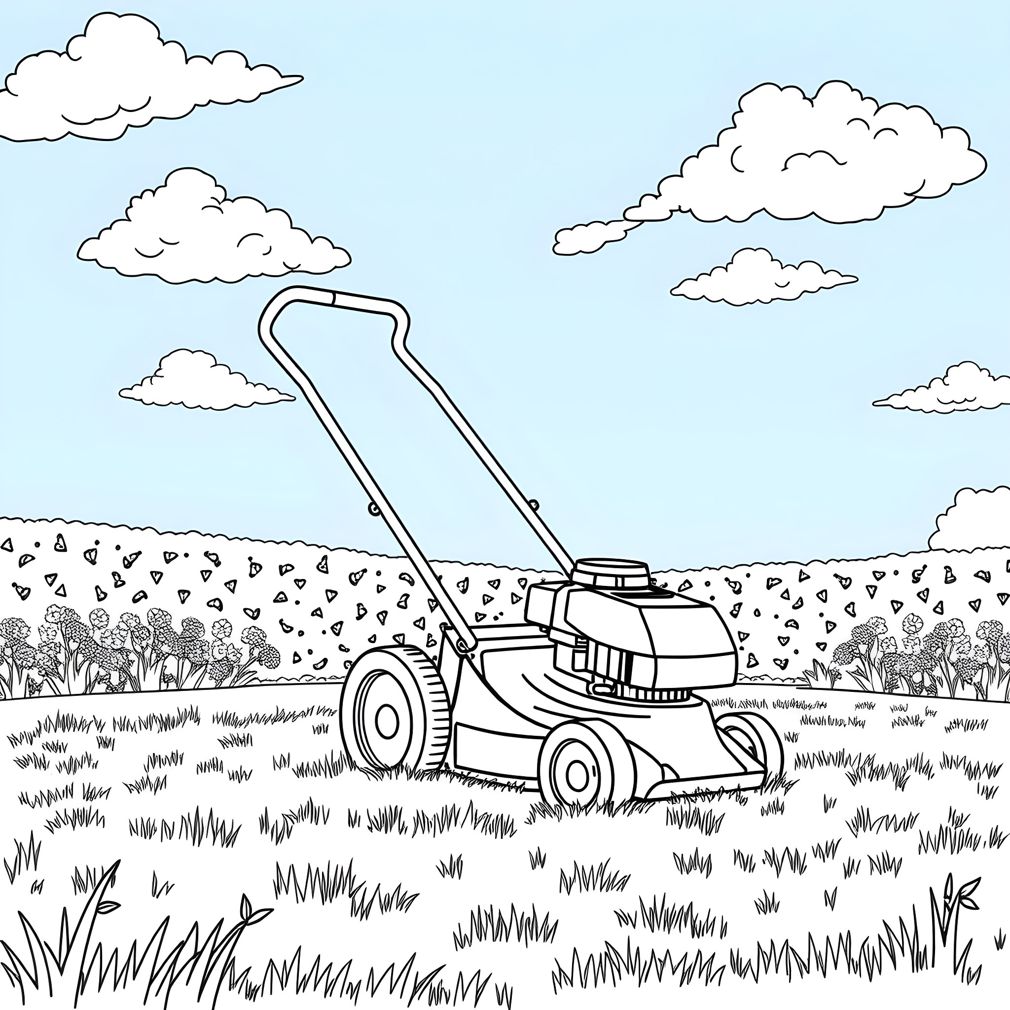 Lawn Mower Cutting Grass in the Countryside Coloring Page (free black-and-white line drawing printable PDF for all, from beginners to advanced learners, including children, teens, adults, and seniors)