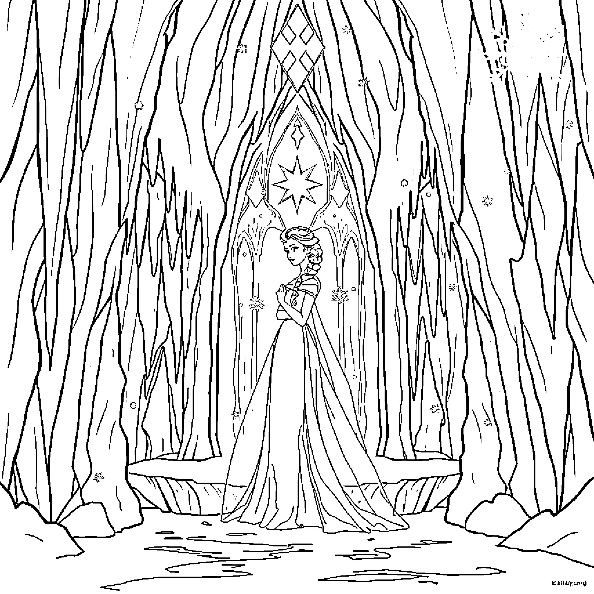 Elsa in an ice castle with elaborate decorations Coloring Page (free black-and-white line drawing printable PDF for all, from beginners to advanced learners, including children, teens, adults, and seniors)