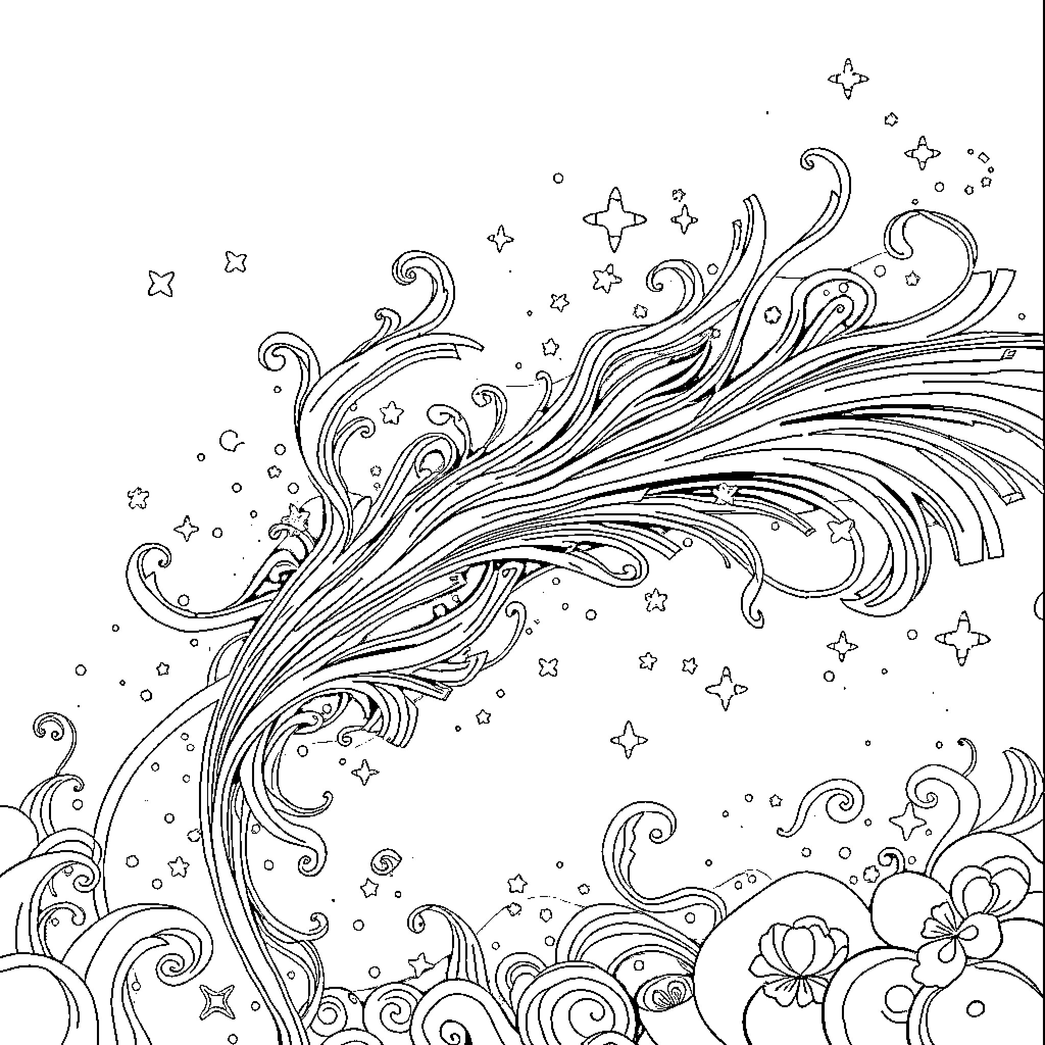 Magic Swirling Floral Illustration with Whimsical Elements Coloring Page (free black-and-white line drawing printable PDF for all, from beginners to advanced learners, including children, teens, adults, and seniors)