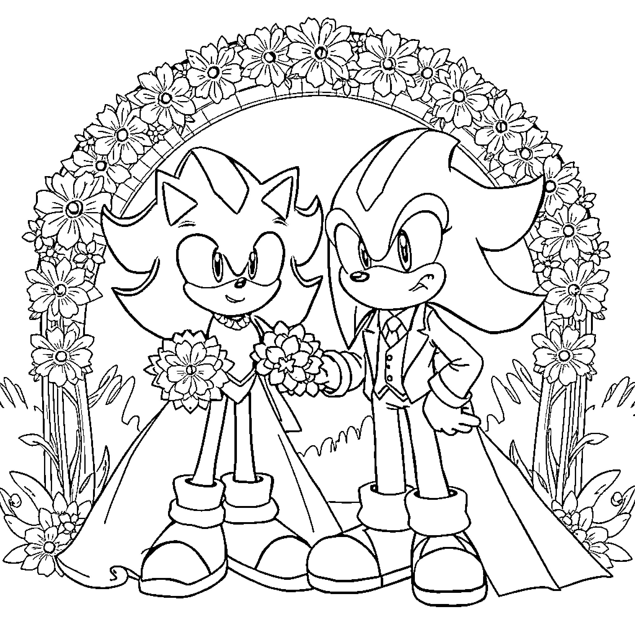 Shadow of two characters in a floral setting Coloring Page (free black-and-white line drawing printable PDF for all, from beginners to advanced learners, including children, teens, adults, and seniors)