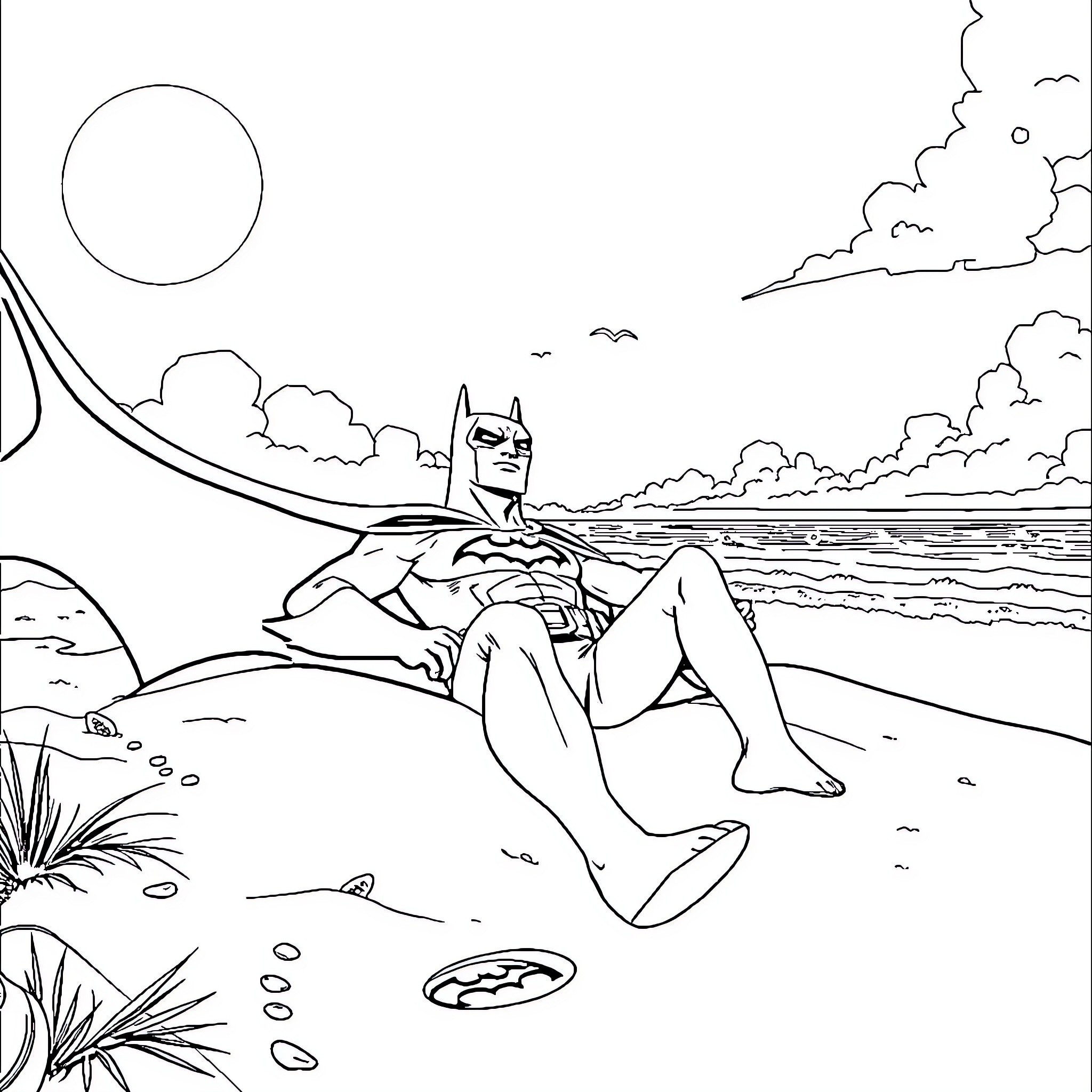 Batman relaxing on a tropical beach Coloring Page (free black-and-white line drawing printable PDF for all, from beginners to advanced learners, including children, teens, adults, and seniors)