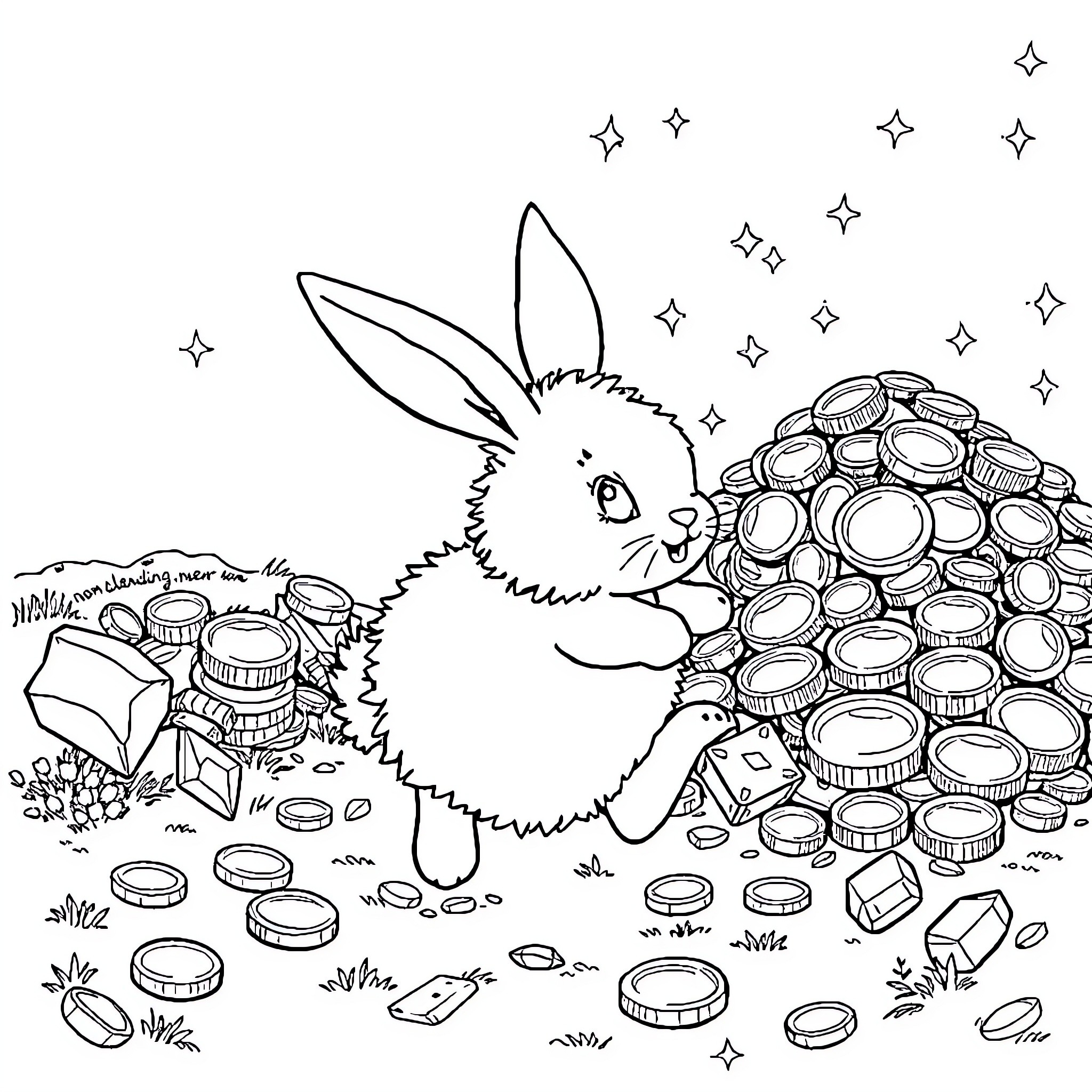 Bunny exploring a treasure trove of shiny objects Coloring Page (free black-and-white line drawing printable PDF for all, from beginners to advanced learners, including children, teens, adults, and seniors)