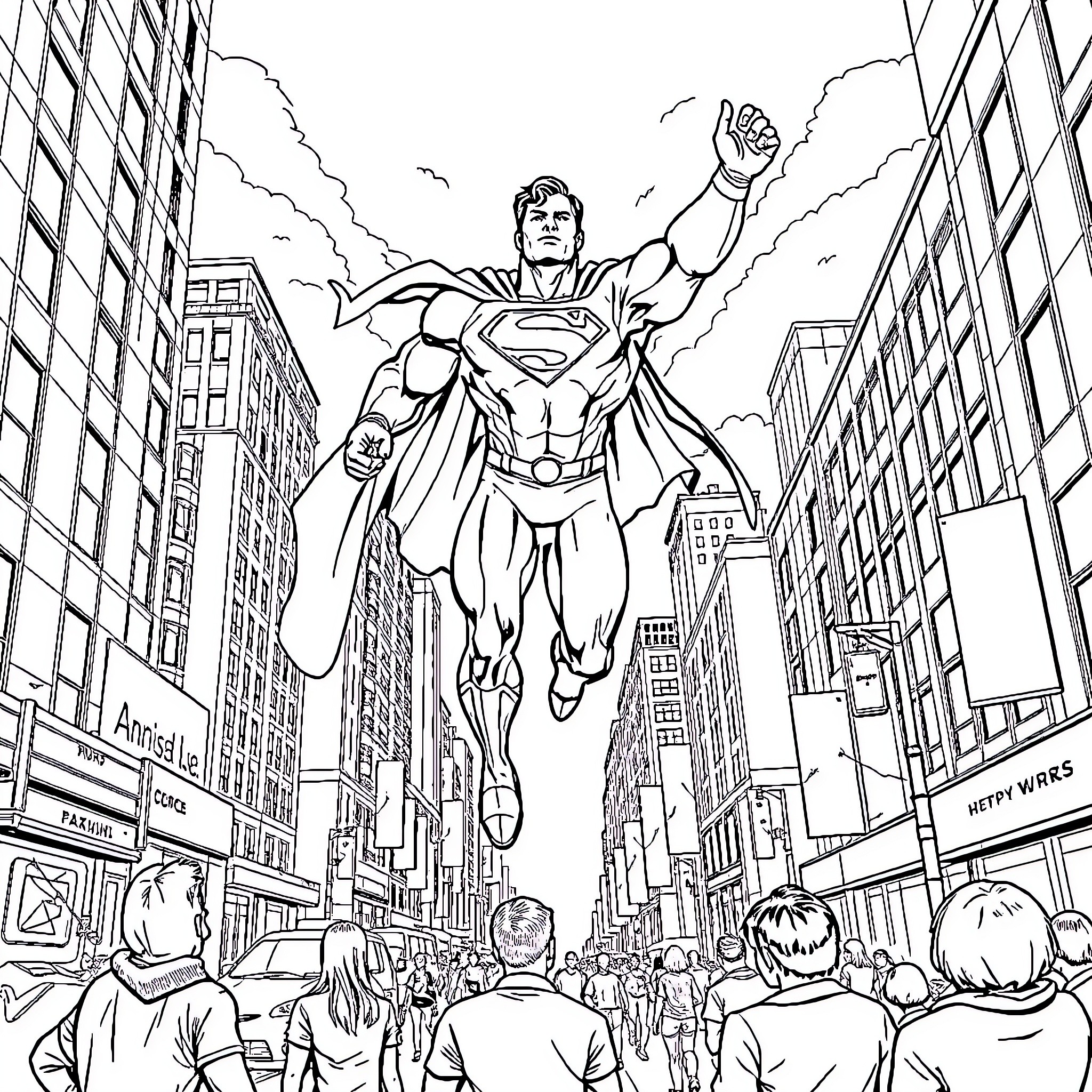 Superman heroically soaring over a busy city Coloring Page (free black-and-white line drawing printable PDF for all, from beginners to advanced learners, including children, teens, adults, and seniors)