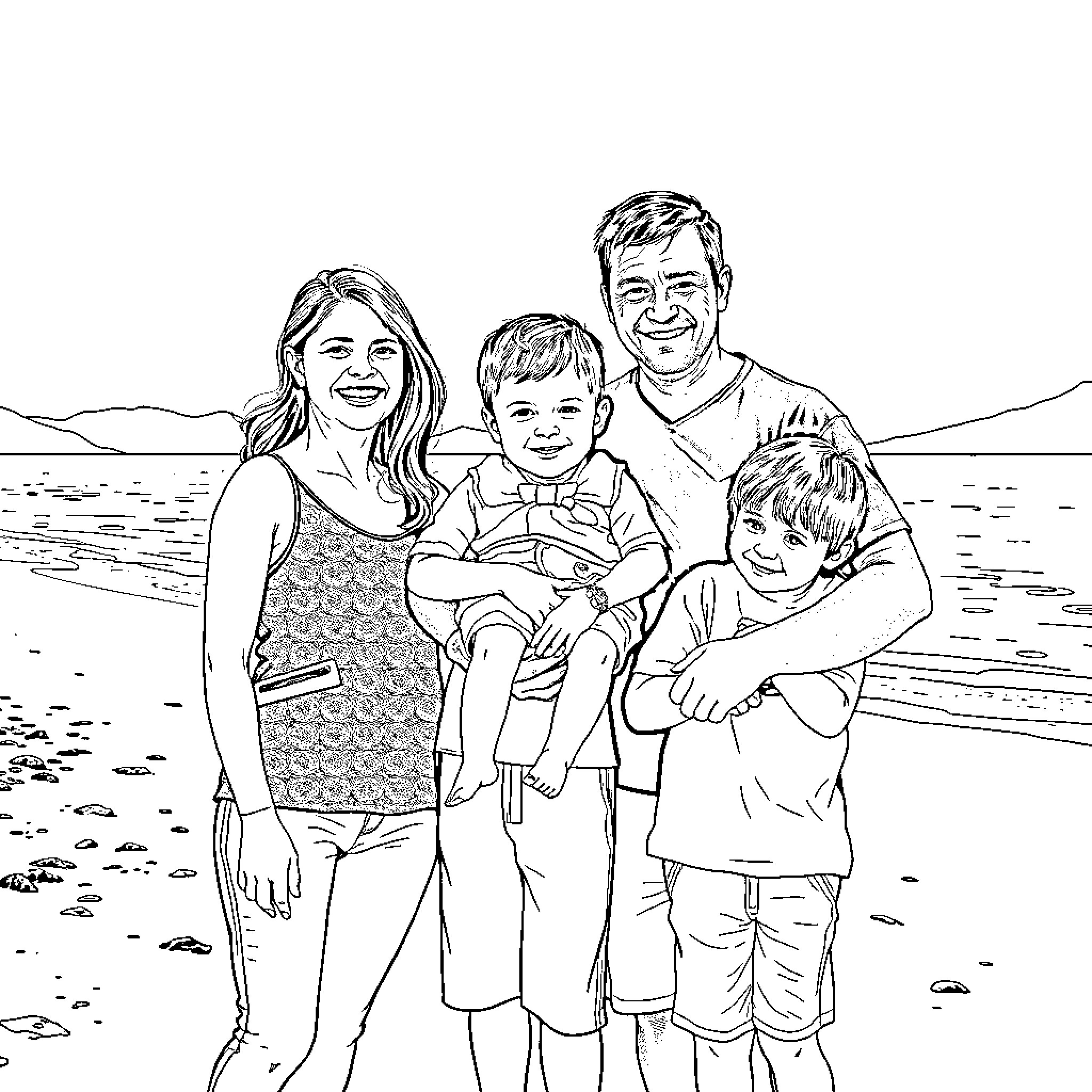 Family enjoying a day at the beach Coloring Page (free black-and-white line drawing printable PDF for all, from beginners to advanced learners, including children, teens, adults, and seniors)