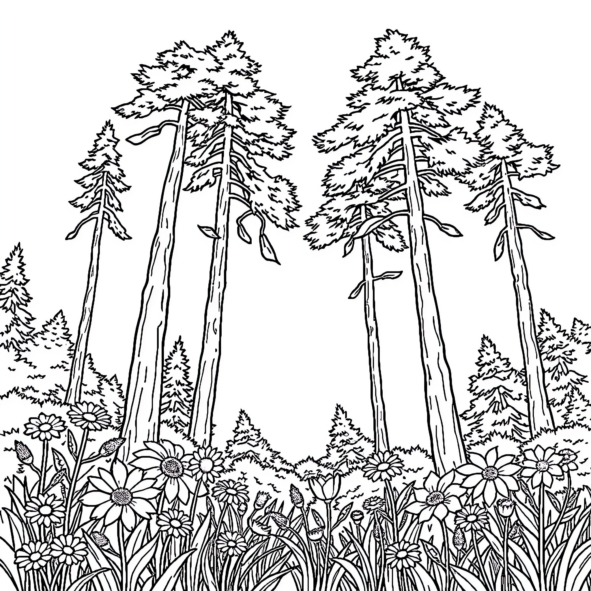 Nature's Tranquil Forest Landscape Coloring Page (free black-and-white line drawing printable PDF for all, from beginners to advanced learners, including children, teens, adults, and seniors)