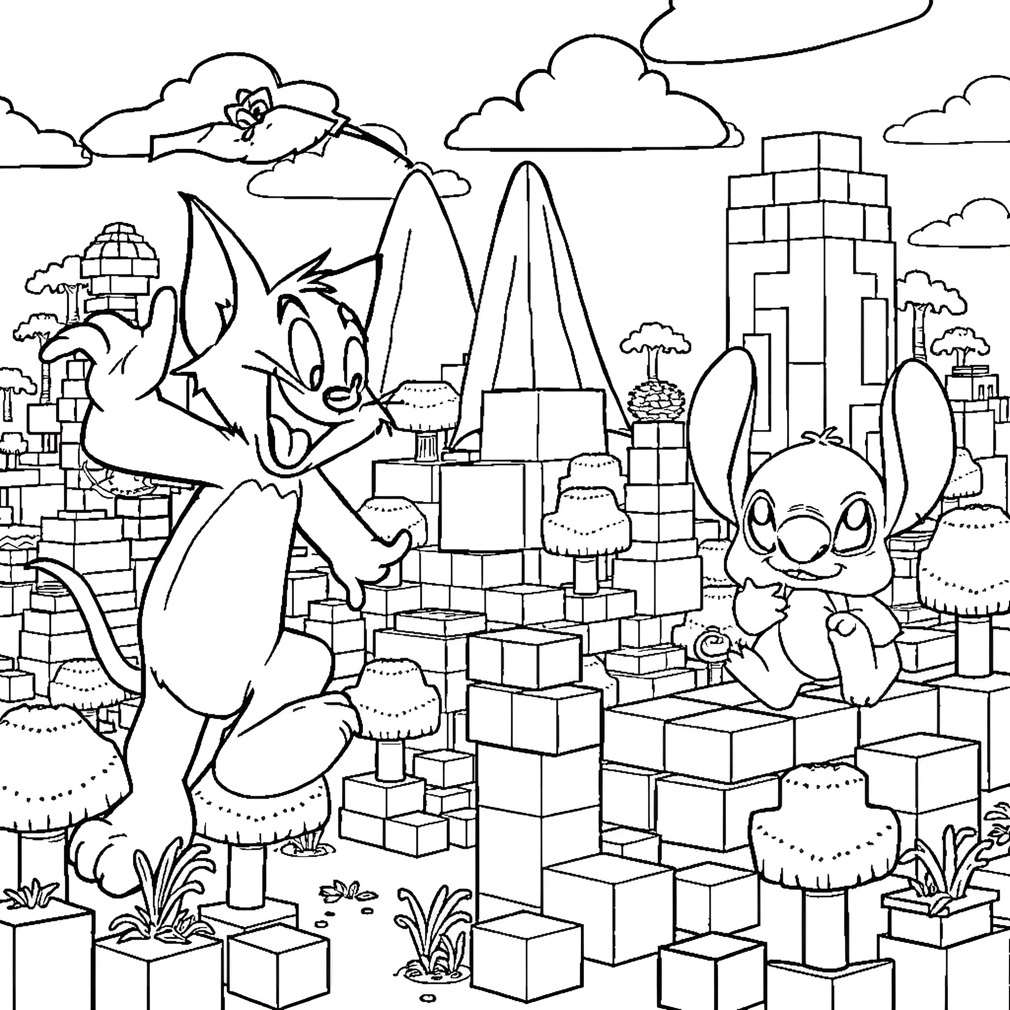 Tom and Jerry's Playful City Adventure Coloring Page (free black-and-white line drawing printable PDF for all, from beginners to advanced learners, including children, teens, adults, and seniors)