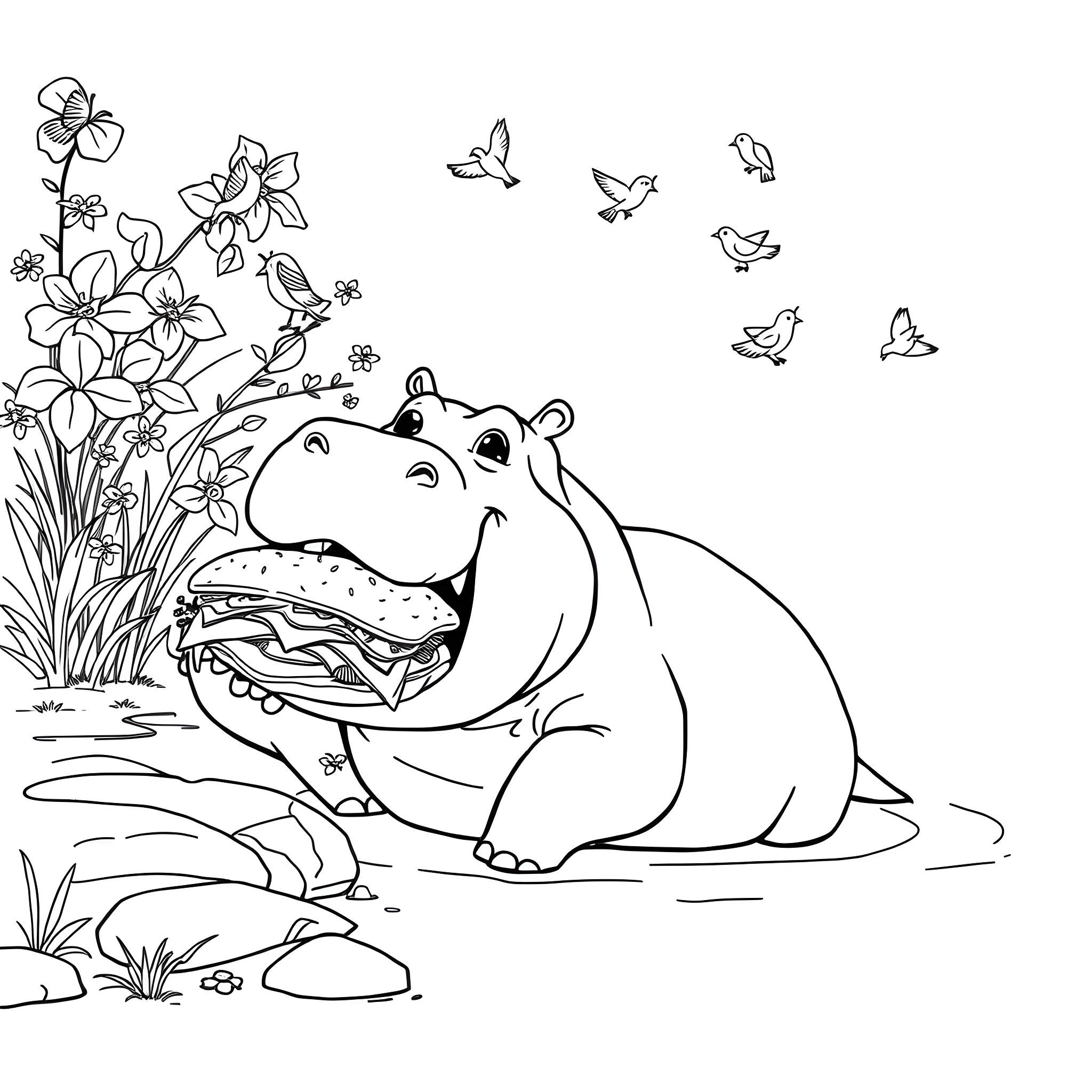 Hippo enjoying a snack in the wild Coloring Page (free black-and-white line drawing printable PDF for all, from beginners to advanced learners, including children, teens, adults, and seniors)