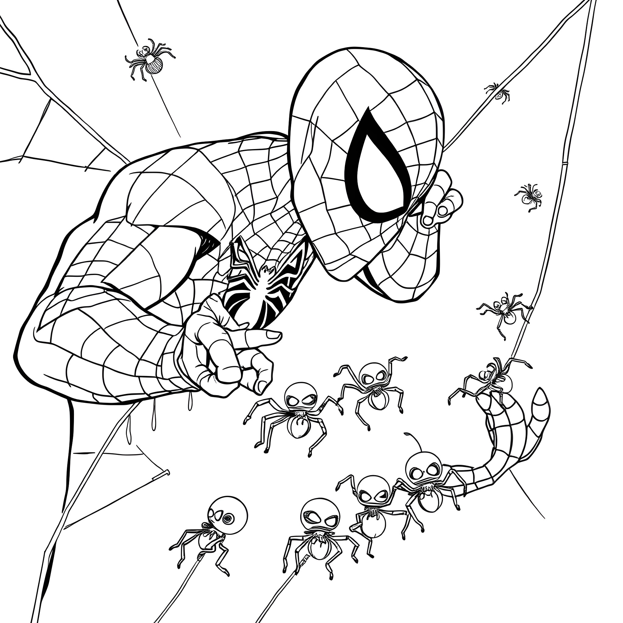 Spiderman engages with crawling insects in web-filled scene Coloring Page (free black-and-white line drawing printable PDF for all, from beginners to advanced learners, including children, teens, adults, and seniors)