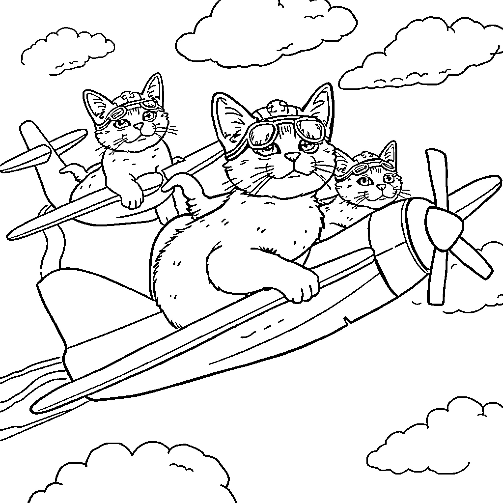 Cats piloting a biplane in the sky Coloring Page (free black-and-white line drawing printable PDF for all, from beginners to advanced learners, including children, teens, adults, and seniors)