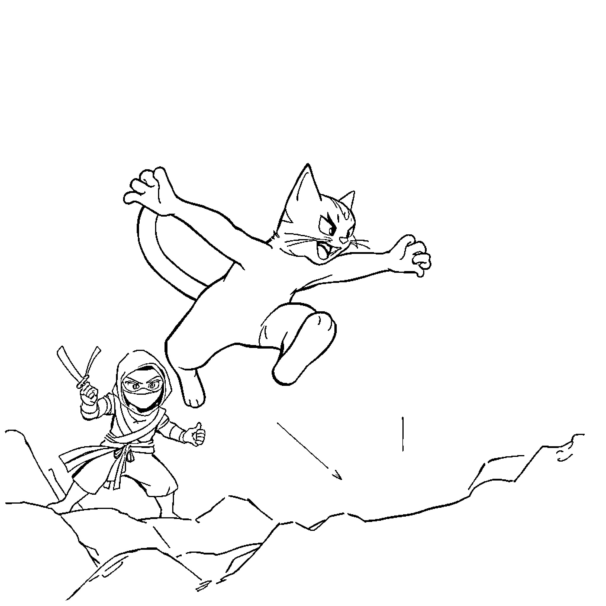 Catboy Ninja Battling Mountain Foes Coloring Page (free black-and-white line drawing printable PDF for all, from beginners to advanced learners, including children, teens, adults, and seniors)