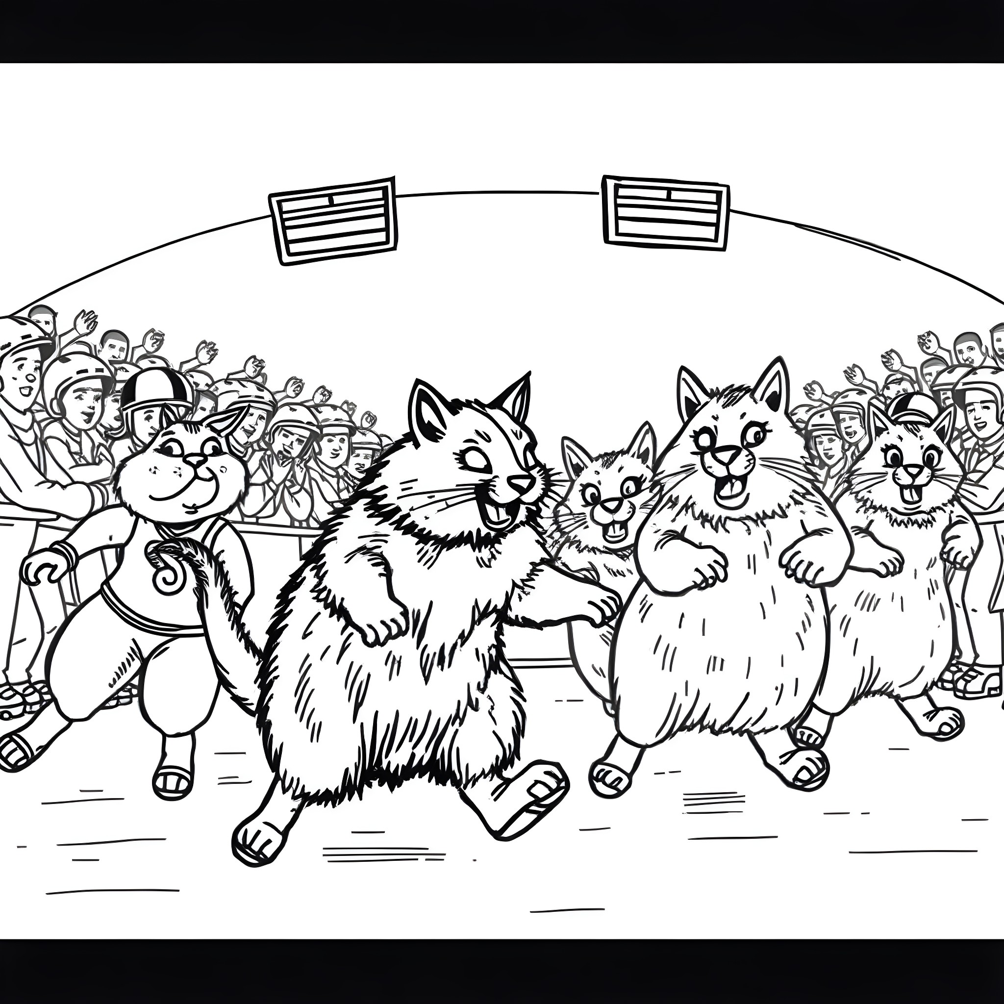 Cats running on a competition track Coloring Page (free black-and-white line drawing printable PDF for all, from beginners to advanced learners, including children, teens, adults, and seniors)