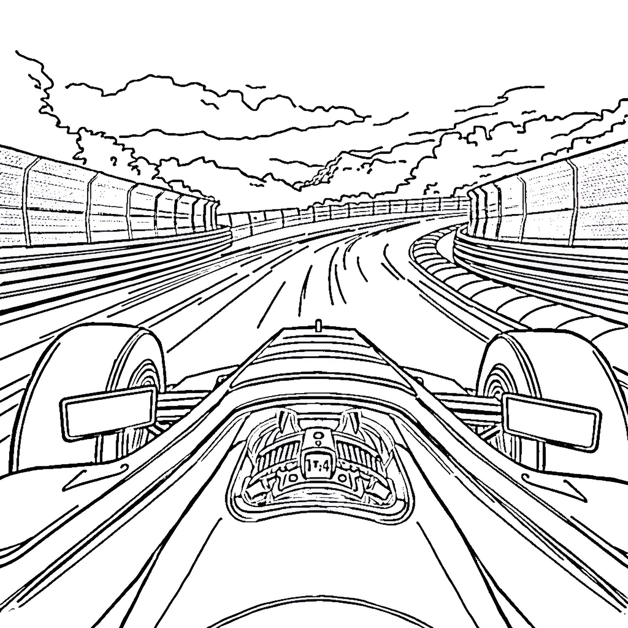 Formula 1 Car Racing on High-Speed Circuit Coloring Page (free black-and-white line drawing printable PDF for all, from beginners to advanced learners, including children, teens, adults, and seniors)