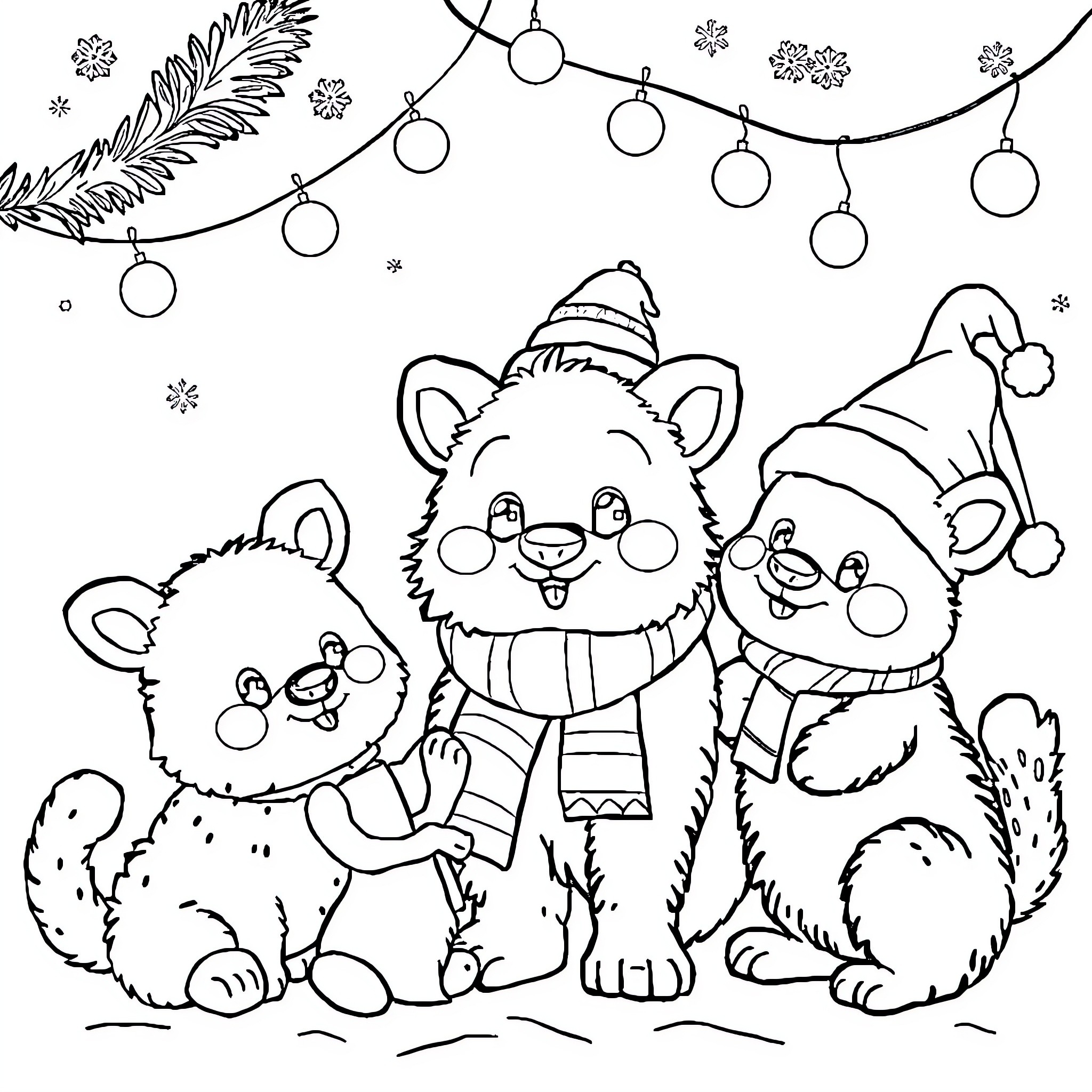 Tchoupi and friends in festive winter scene Coloring Page (free black-and-white line drawing printable PDF for all, from beginners to advanced learners, including children, teens, adults, and seniors)