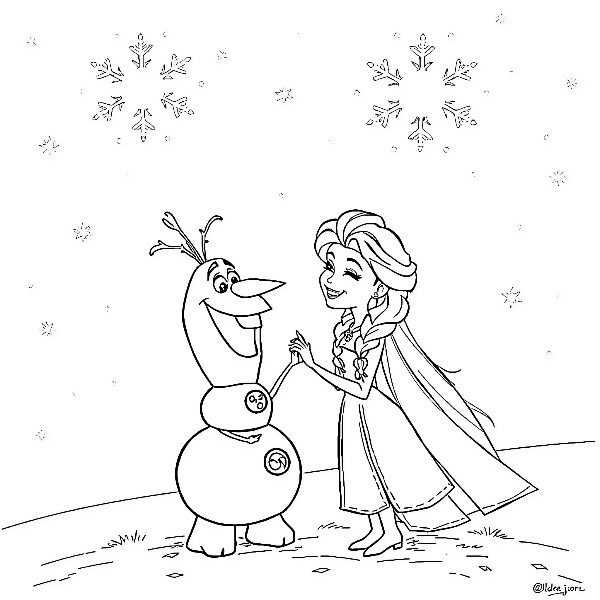 Olaf and Elsa playing in the snow Coloring Page (free black-and-white line drawing printable PDF for all, from beginners to advanced learners, including children, teens, adults, and seniors)