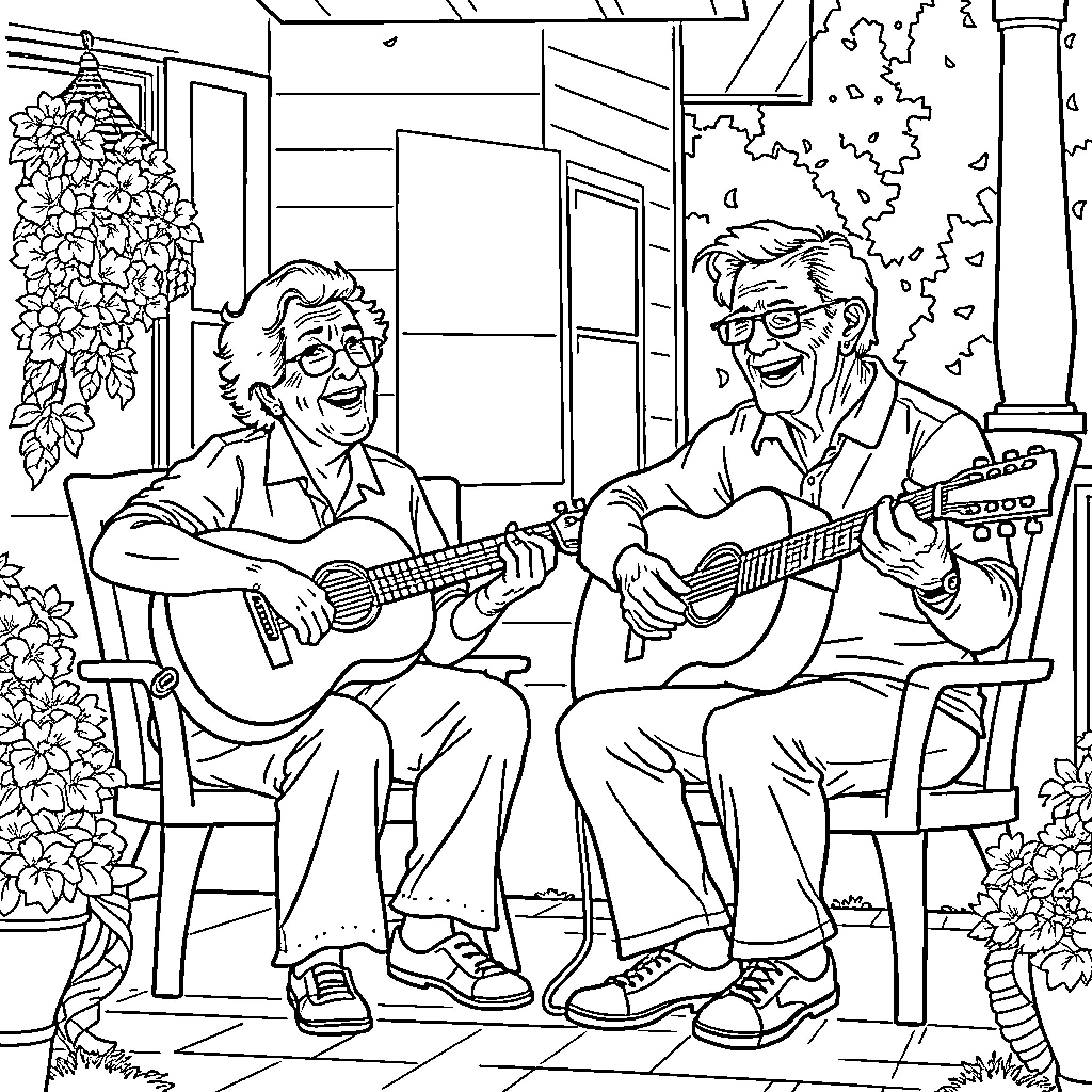 Retiree Pair Enjoying Music on the Porch Coloring Page (free black-and-white line drawing printable PDF for all, from beginners to advanced learners, including children, teens, adults, and seniors)