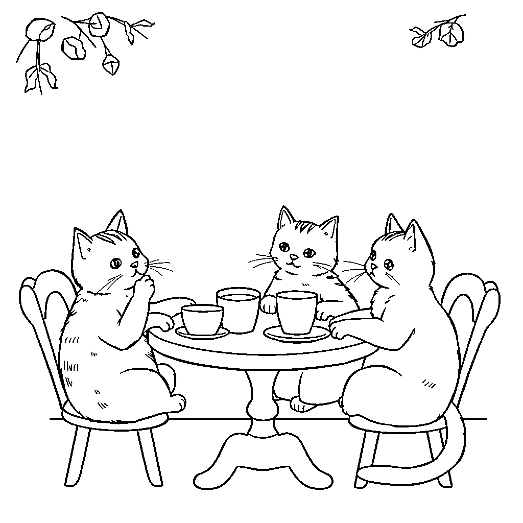 Cat friends enjoying tea time together Coloring Page (free black-and-white line drawing printable PDF for all, from beginners to advanced learners, including children, teens, adults, and seniors)