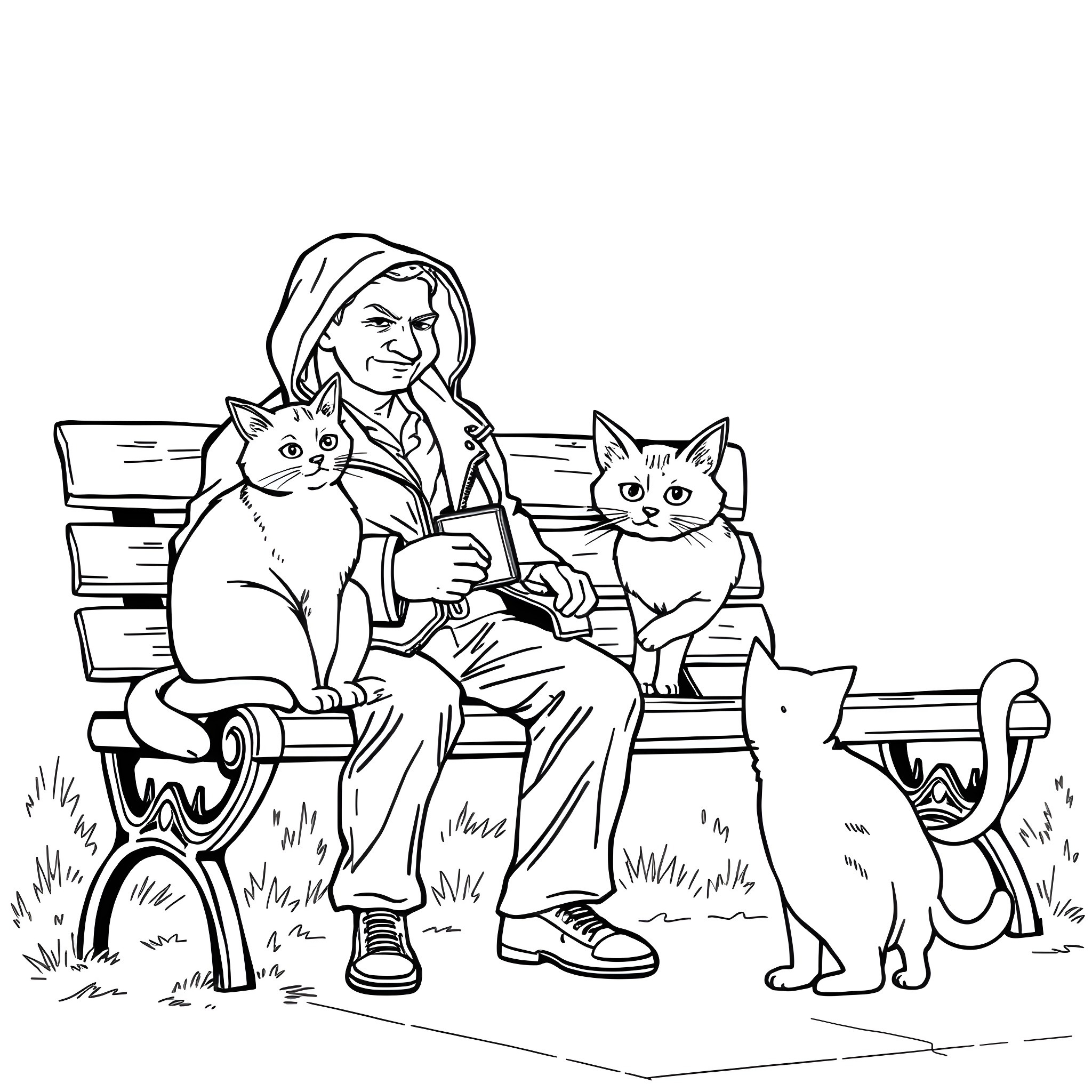 Cat and Person Relaxing on Bench Coloring Page (free black-and-white line drawing printable PDF for all, from beginners to advanced learners, including children, teens, adults, and seniors)