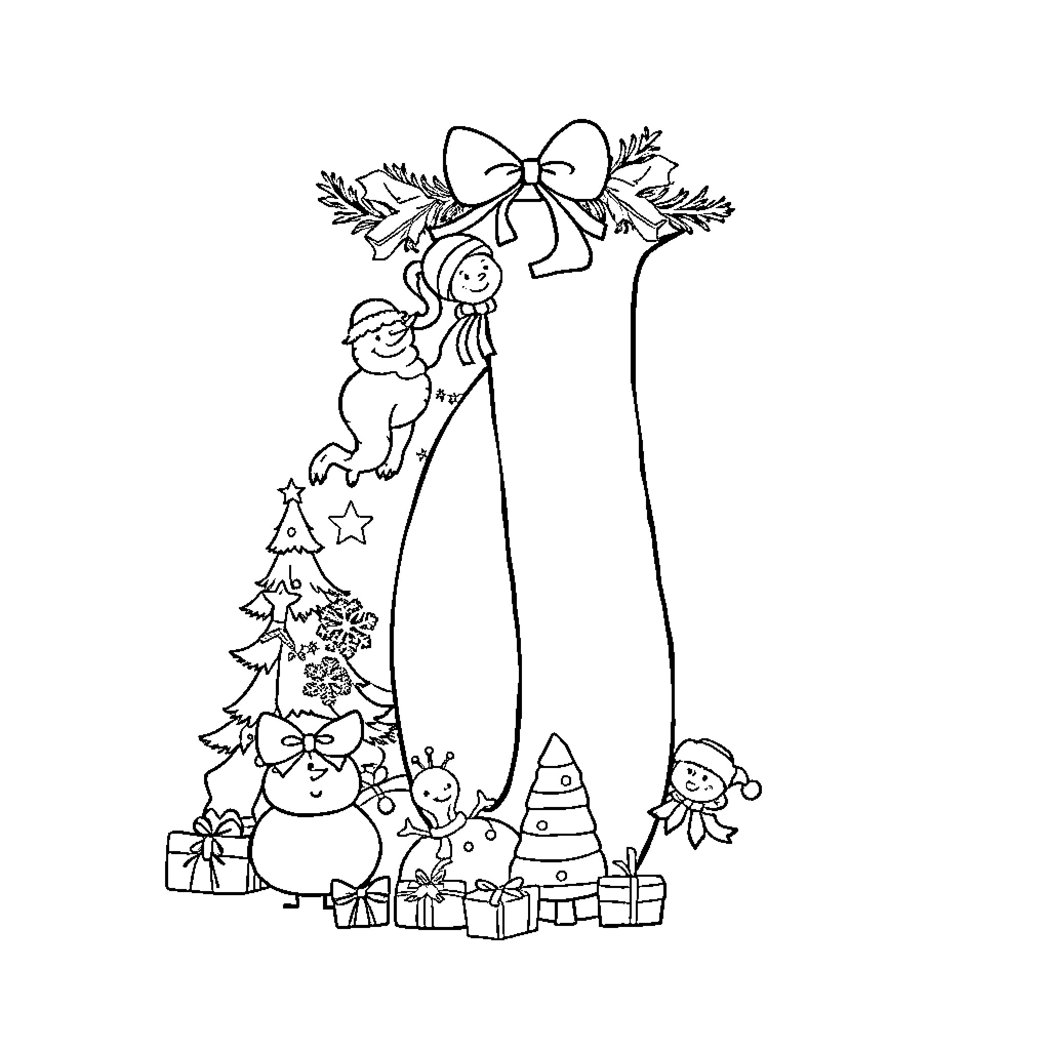 Letter J Christmas Decoration with Snowman and Ornaments Coloring Page (free black-and-white line drawing printable PDF for all, from beginners to advanced learners, including children, teens, adults, and seniors)