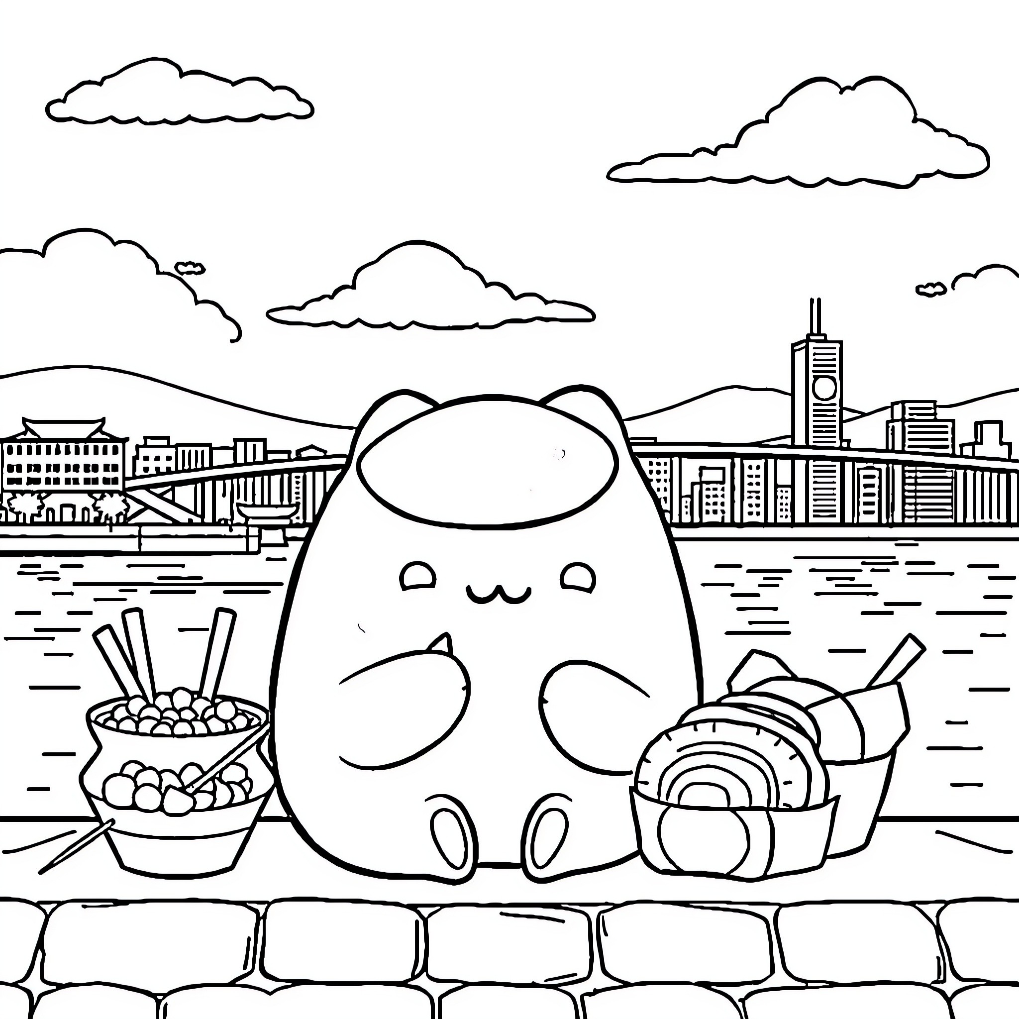 Mochi's Cozy City Scene Coloring Page (free black-and-white line drawing printable PDF for all, from beginners to advanced learners, including children, teens, adults, and seniors)