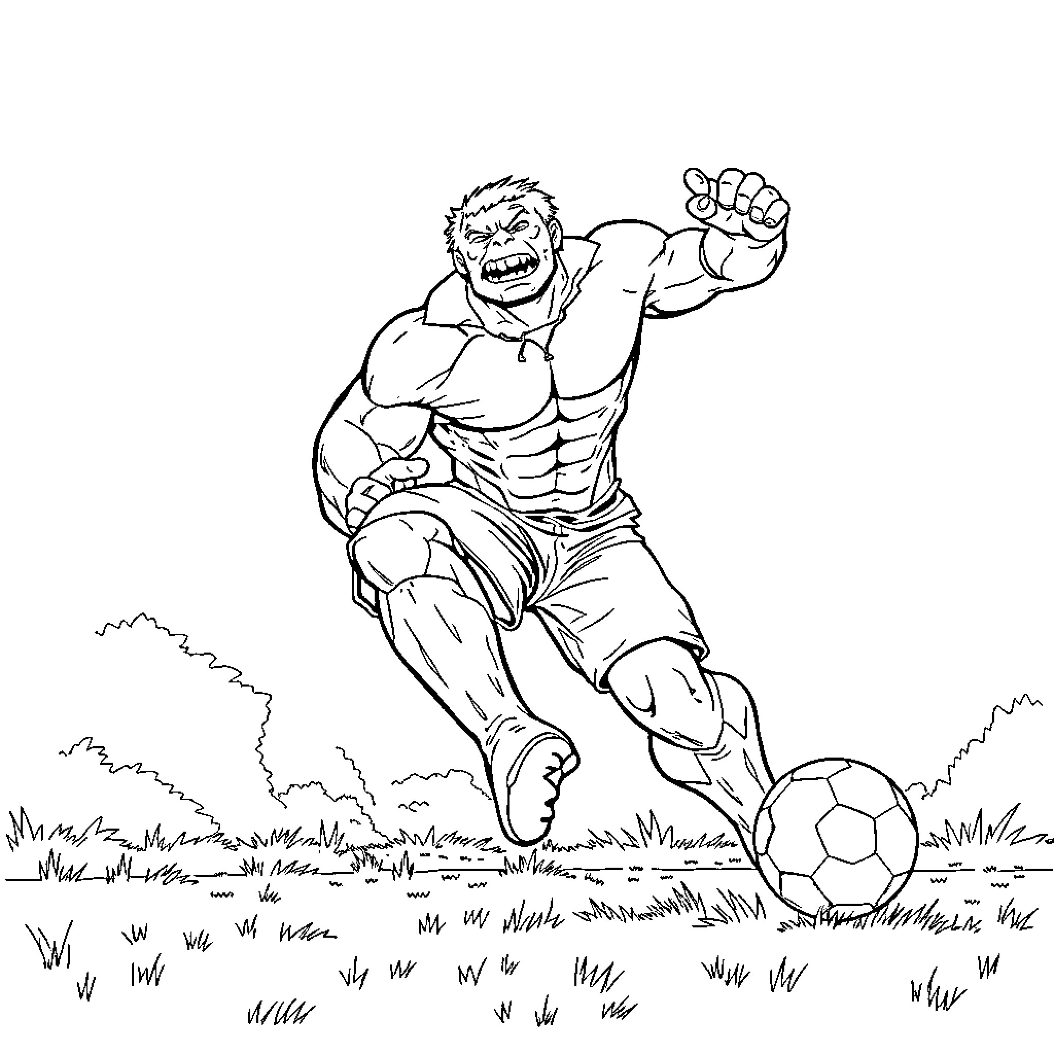 Hulk playing soccer and flexing muscles Coloring Page (free black-and-white line drawing printable PDF for all, from beginners to advanced learners, including children, teens, adults, and seniors)