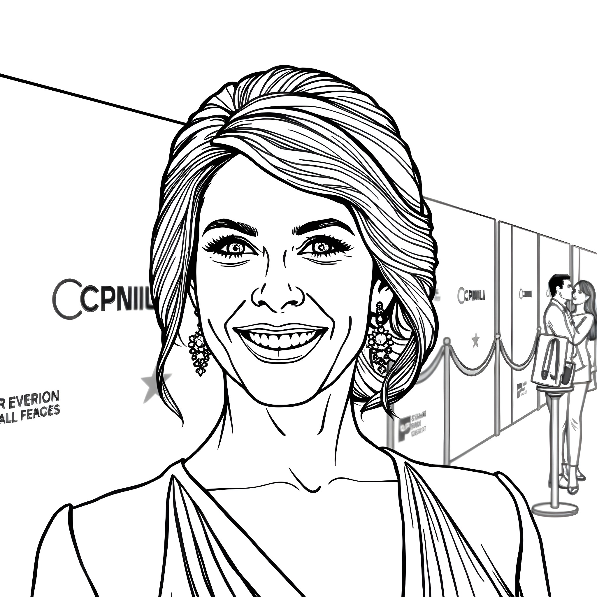 Sofia Vergara's Glamorous Red Carpet Appearance Coloring Page (free black-and-white line drawing printable PDF for all, from beginners to advanced learners, including children, teens, adults, and seniors)