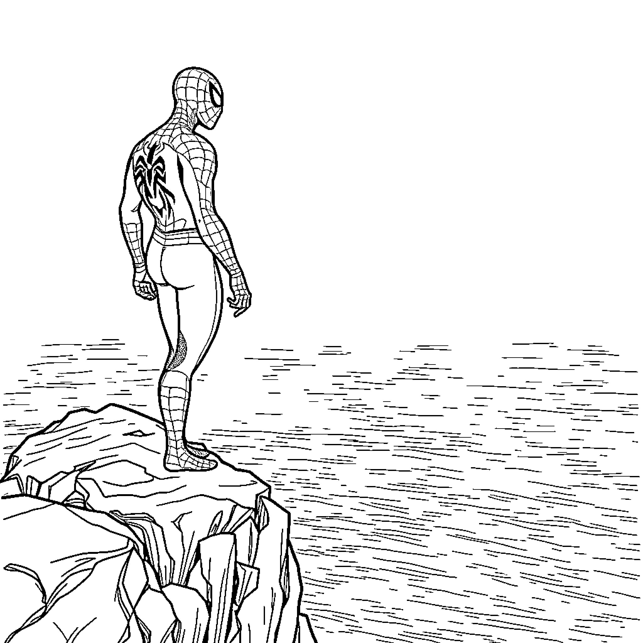 Spiderman Contemplating the Vast Landscape Coloring Page (free black-and-white line drawing printable PDF for all, from beginners to advanced learners, including children, teens, adults, and seniors)