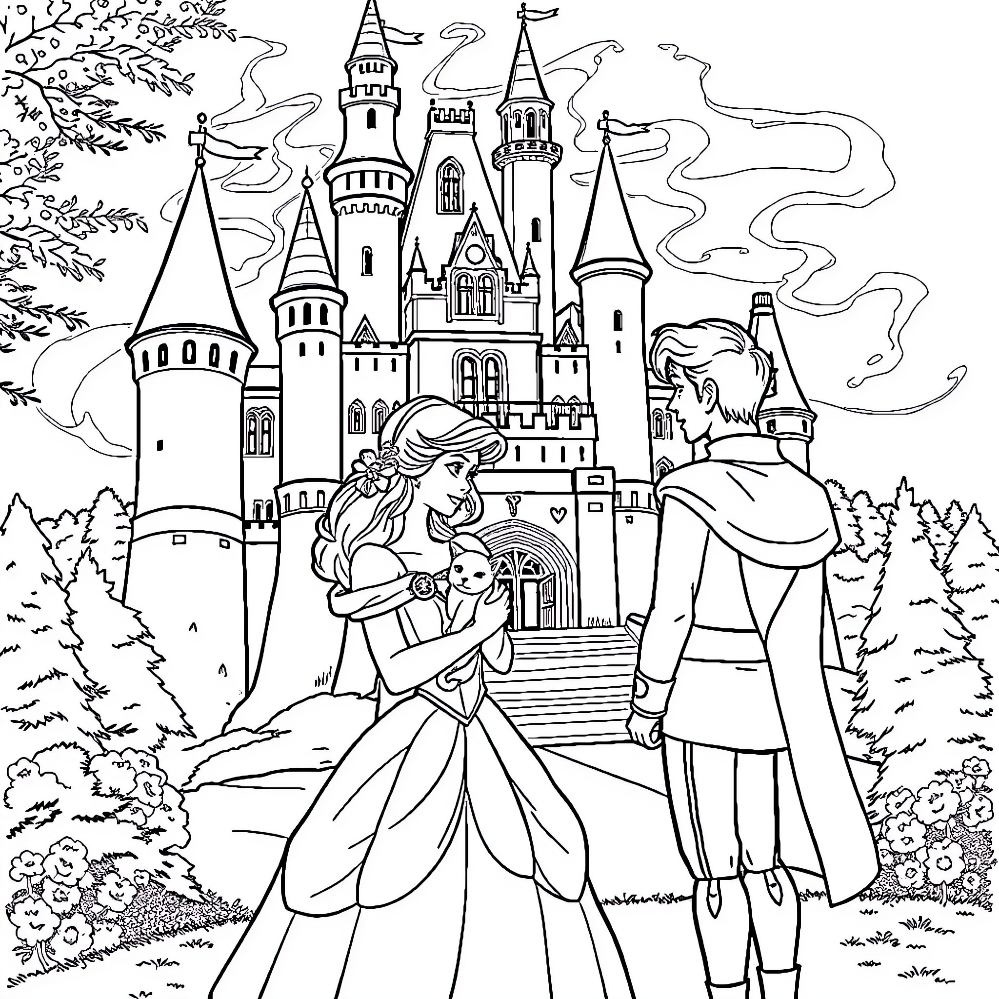 Princess and Prince in Fairytale Castle Landscape Coloring Page (free black-and-white line drawing printable PDF for all, from beginners to advanced learners, including children, teens, adults, and seniors)