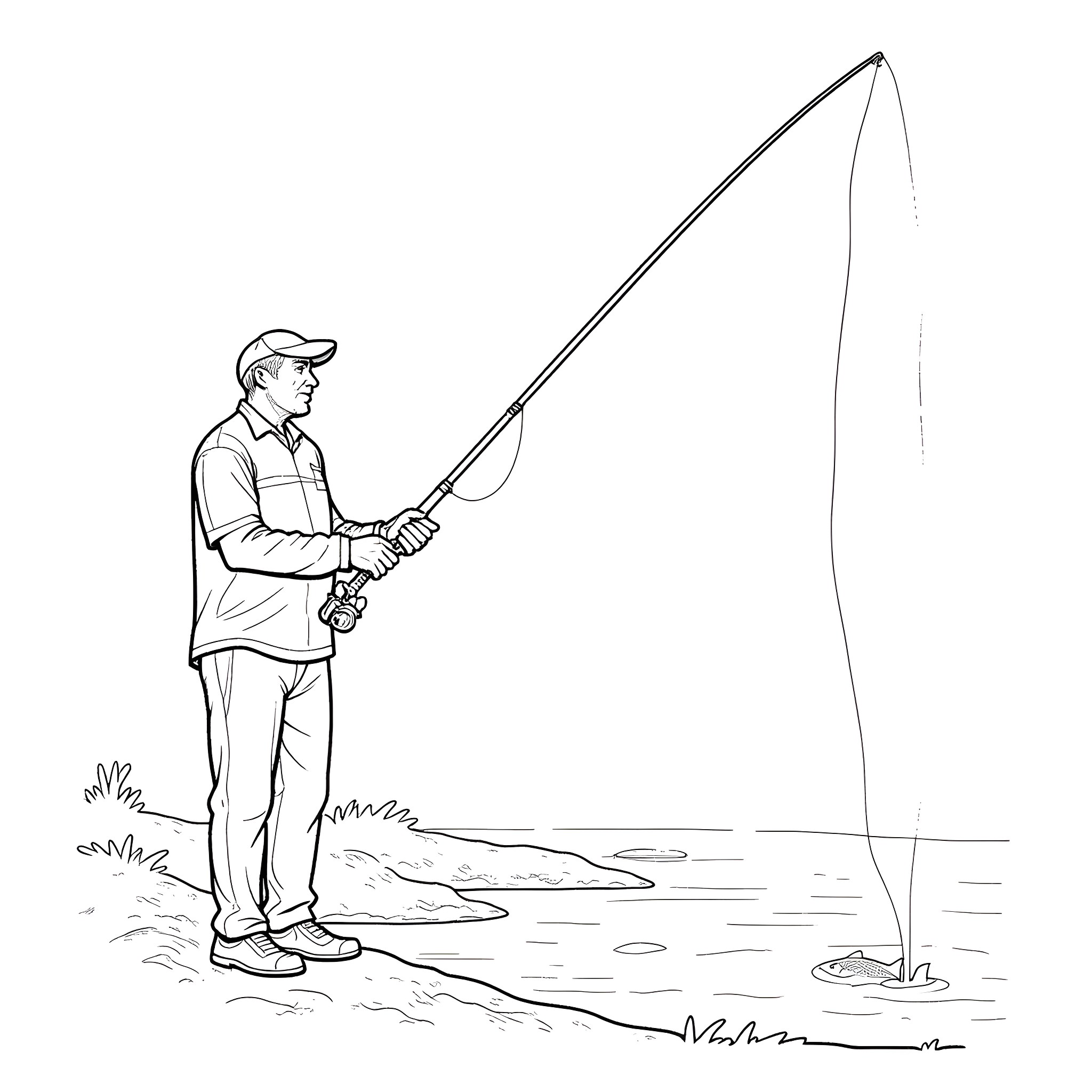 Man fishing with rod by the lake Coloring Page (free black-and-white line drawing printable PDF for all, from beginners to advanced learners, including children, teens, adults, and seniors)