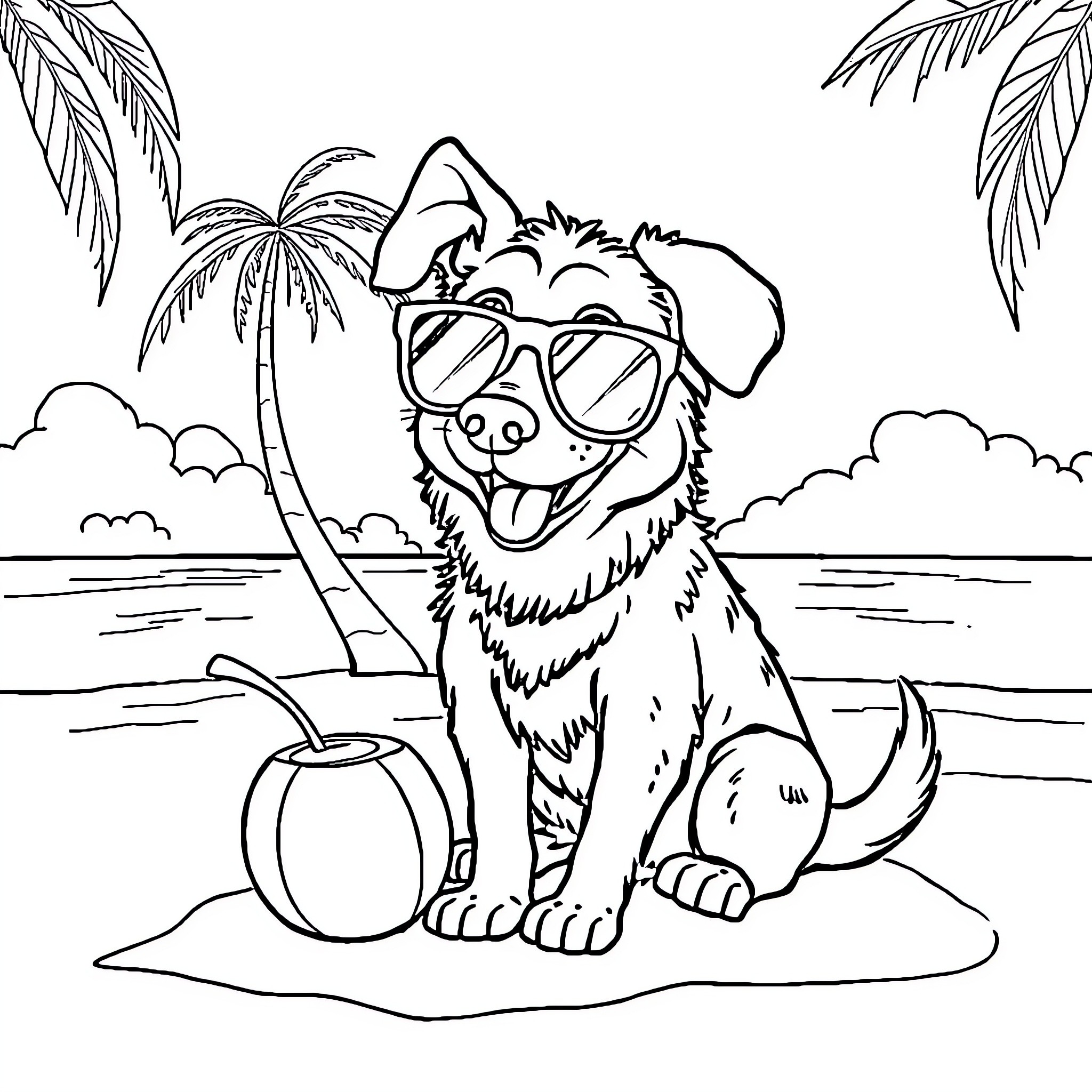 Dog enjoying beach vacation with sunglasses and coconut drink Coloring Page (free black-and-white line drawing printable PDF for all, from beginners to advanced learners, including children, teens, adults, and seniors)