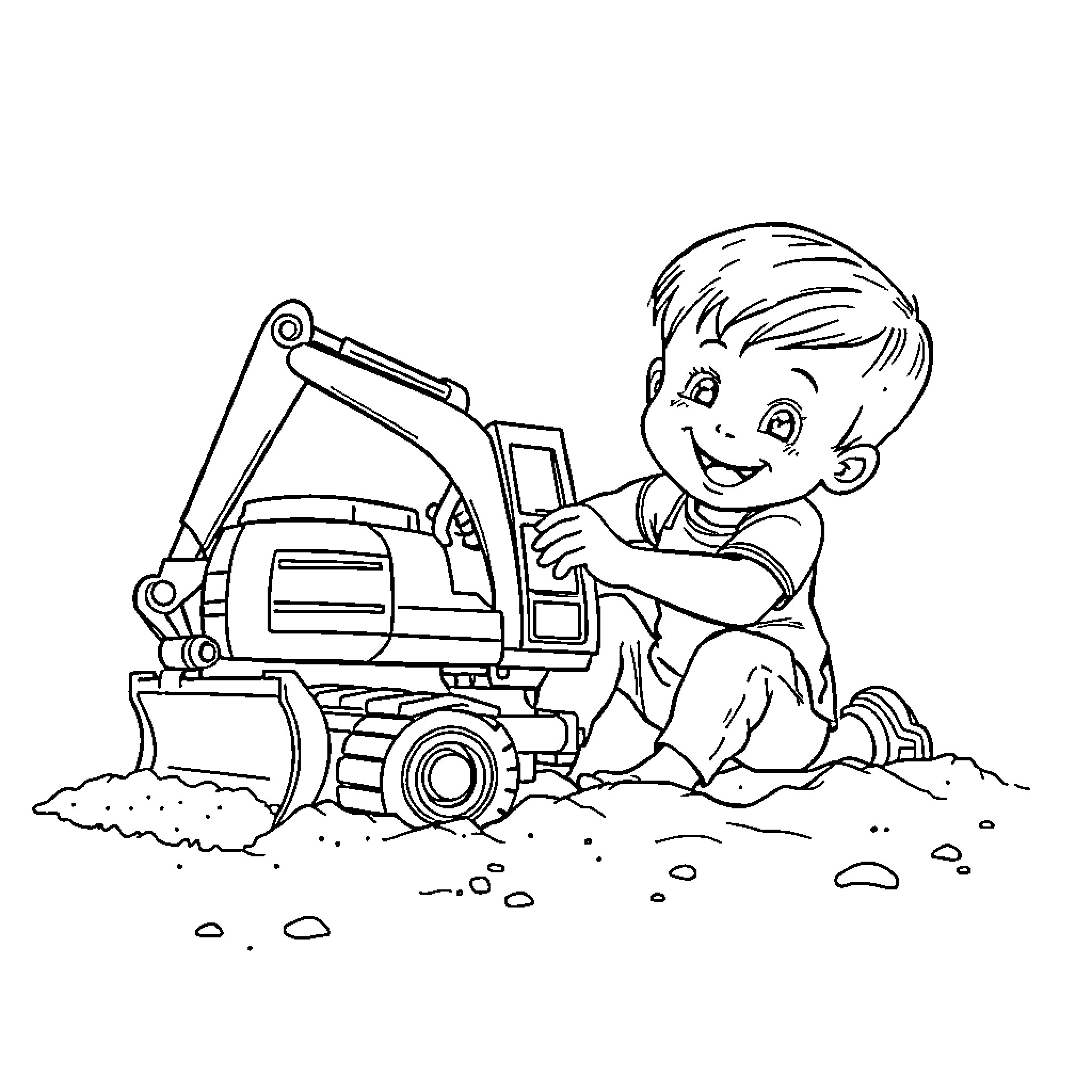 Boy playing with construction toy excavator Coloring Page (free black-and-white line drawing printable PDF for all, from beginners to advanced learners, including children, teens, adults, and seniors)
