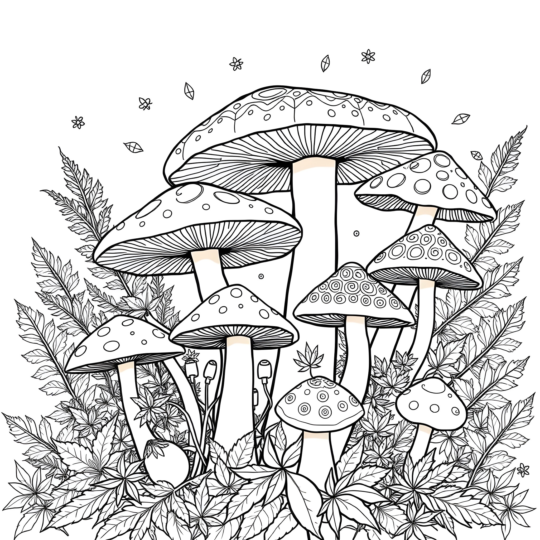 Mushroom Forest Scene with Whimsical Fungi Coloring Page (free black-and-white line drawing printable PDF for all, from beginners to advanced learners, including children, teens, adults, and seniors)