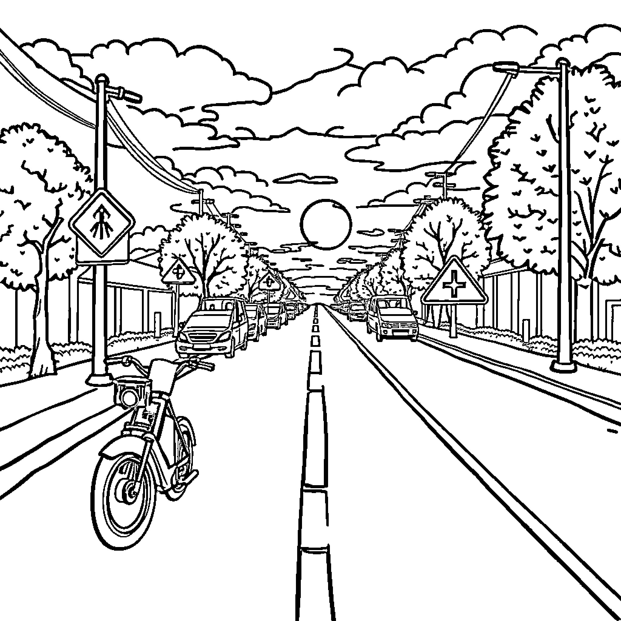 Traffic Safety Awareness in a Scenic Community Coloring Page (free black-and-white line drawing printable PDF for all, from beginners to advanced learners, including children, teens, adults, and seniors)