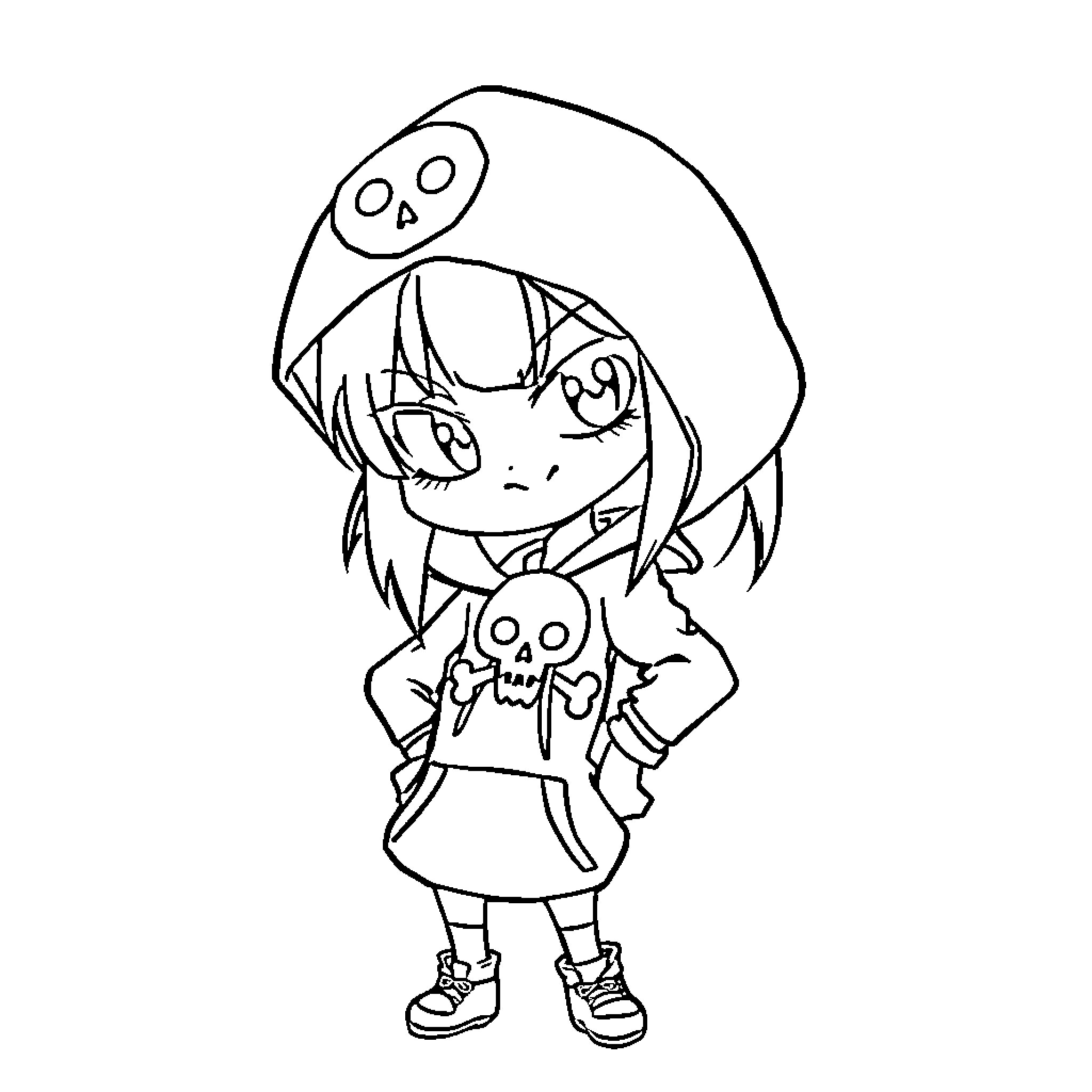 Kuromi wearing a skull hoodie with a sassy expression Coloring Page (free black-and-white line drawing printable PDF for all, from beginners to advanced learners, including children, teens, adults, and seniors)
