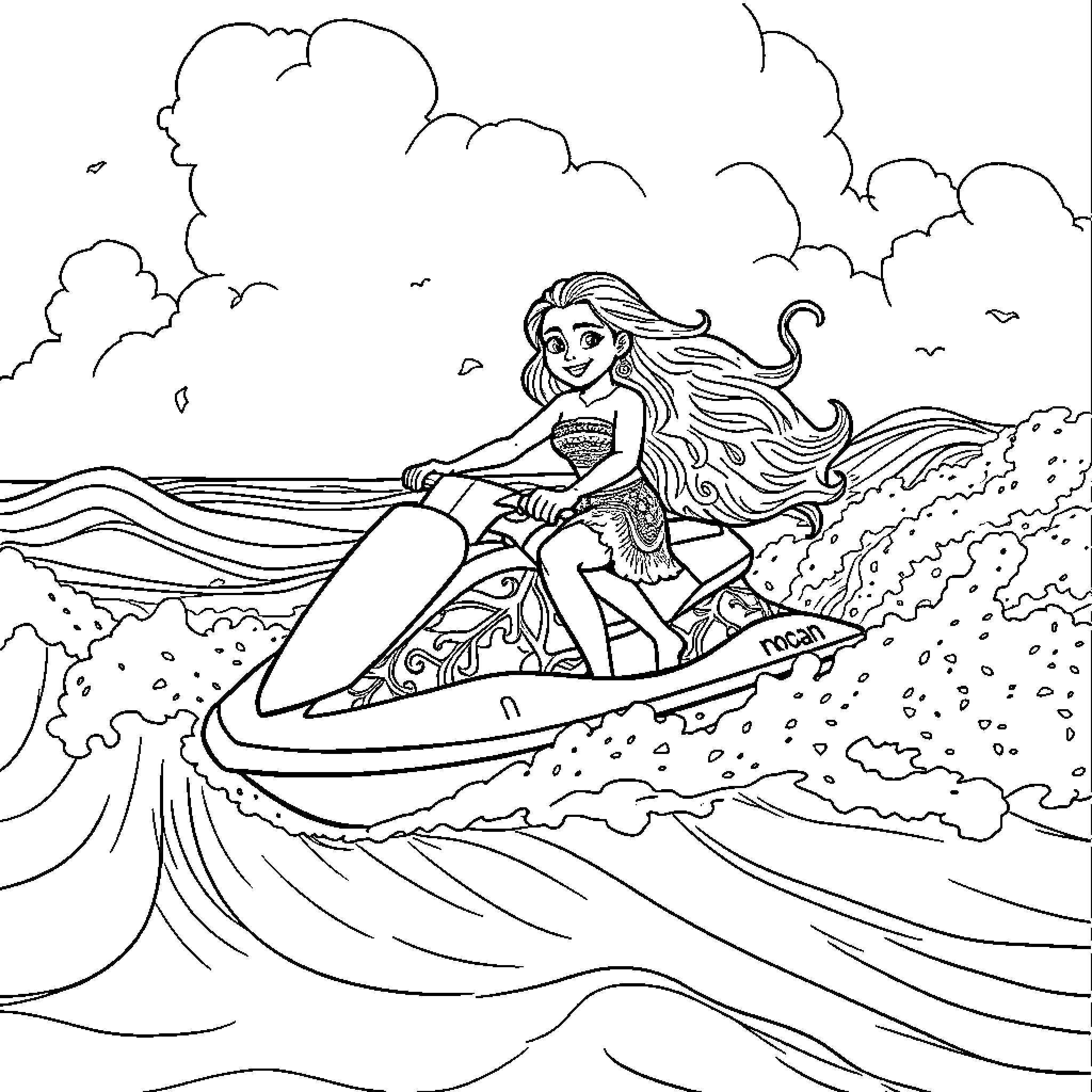 Moana riding a jet ski through the waves Coloring Page (free black-and-white line drawing printable PDF for all, from beginners to advanced learners, including children, teens, adults, and seniors)