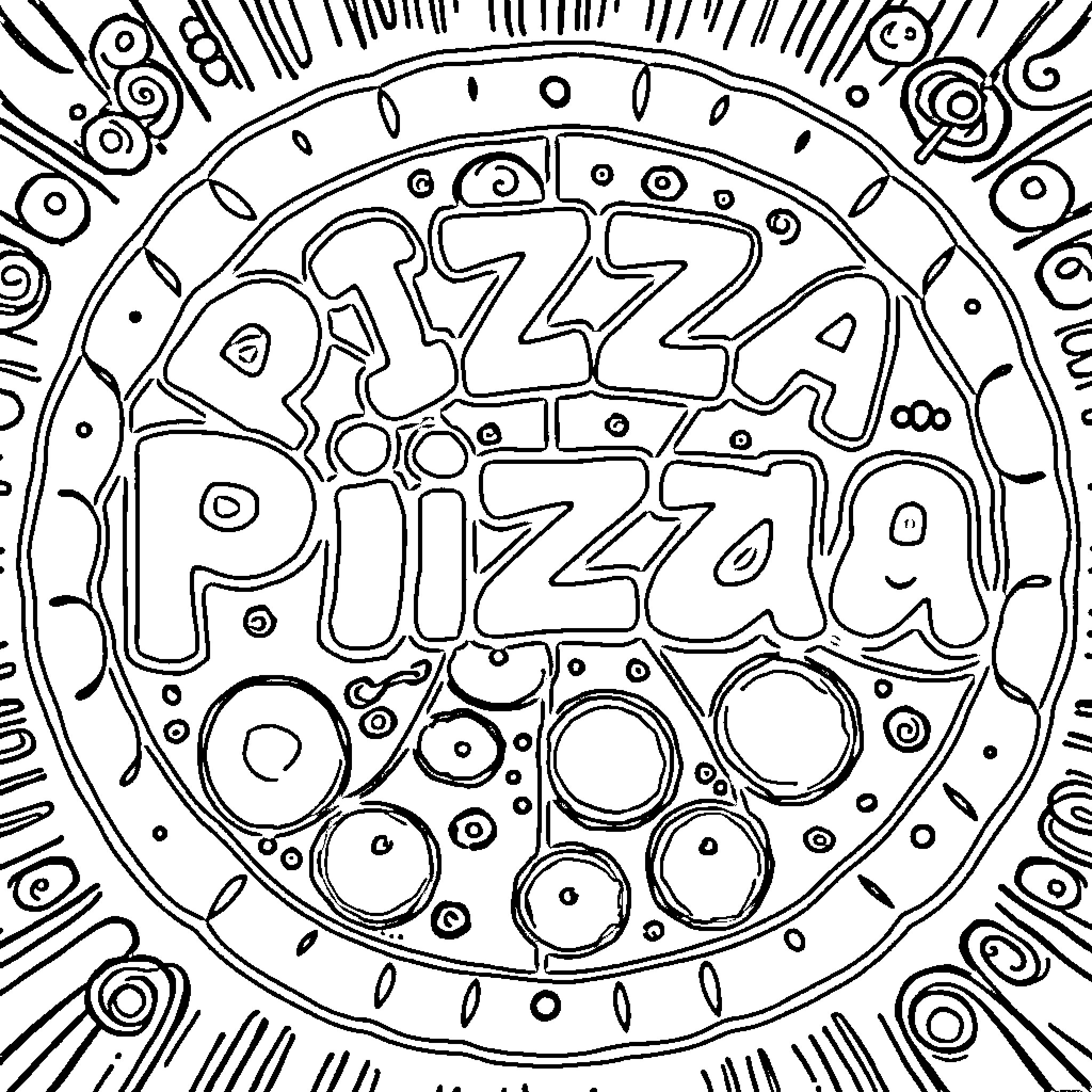 Pizza Pizza Galore with Funky Patterns Coloring Page (free black-and-white line drawing printable PDF for all, from beginners to advanced learners, including children, teens, adults, and seniors)