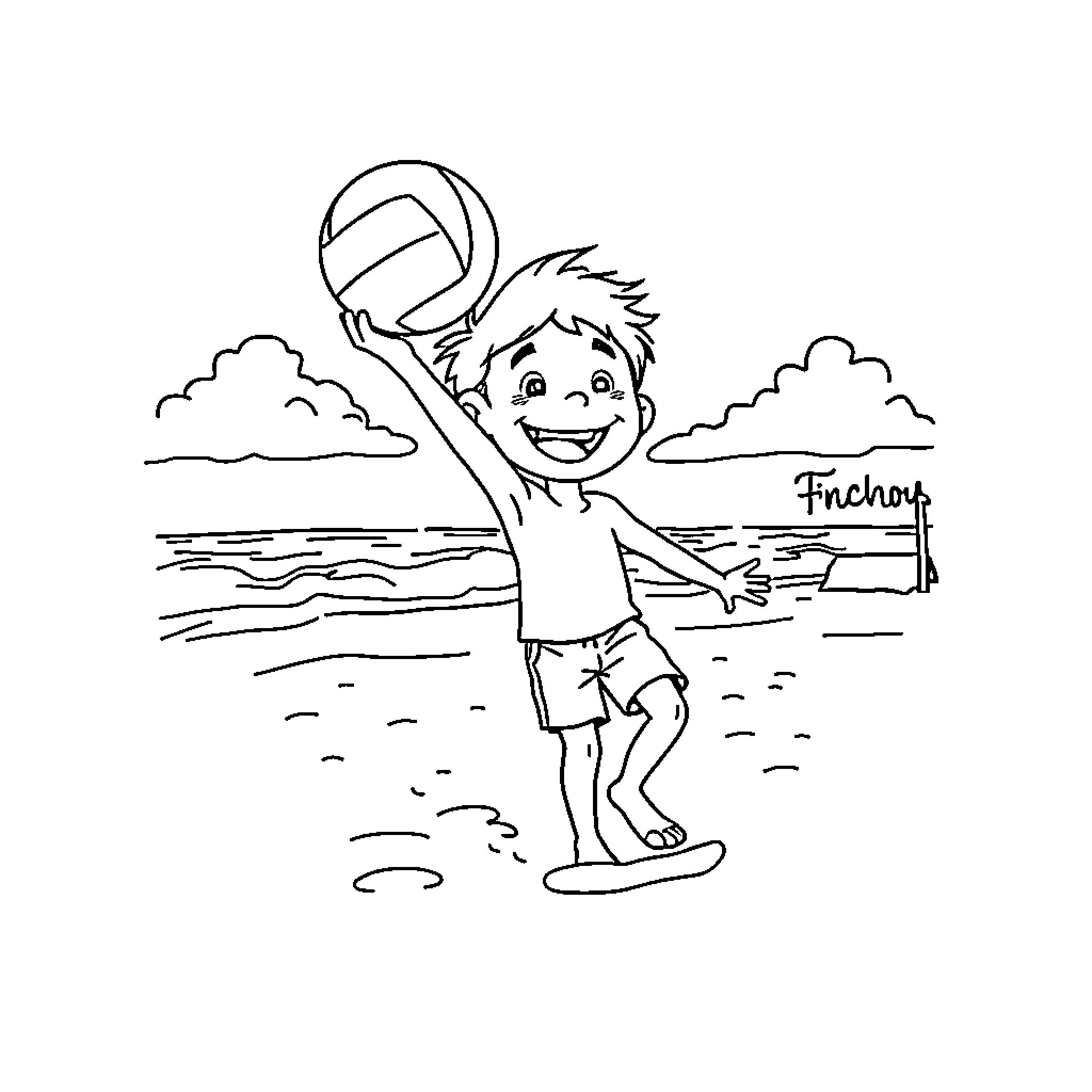 Boy playing volleyball on the beach Coloring Page (free black-and-white line drawing printable PDF for all, from beginners to advanced learners, including children, teens, adults, and seniors)