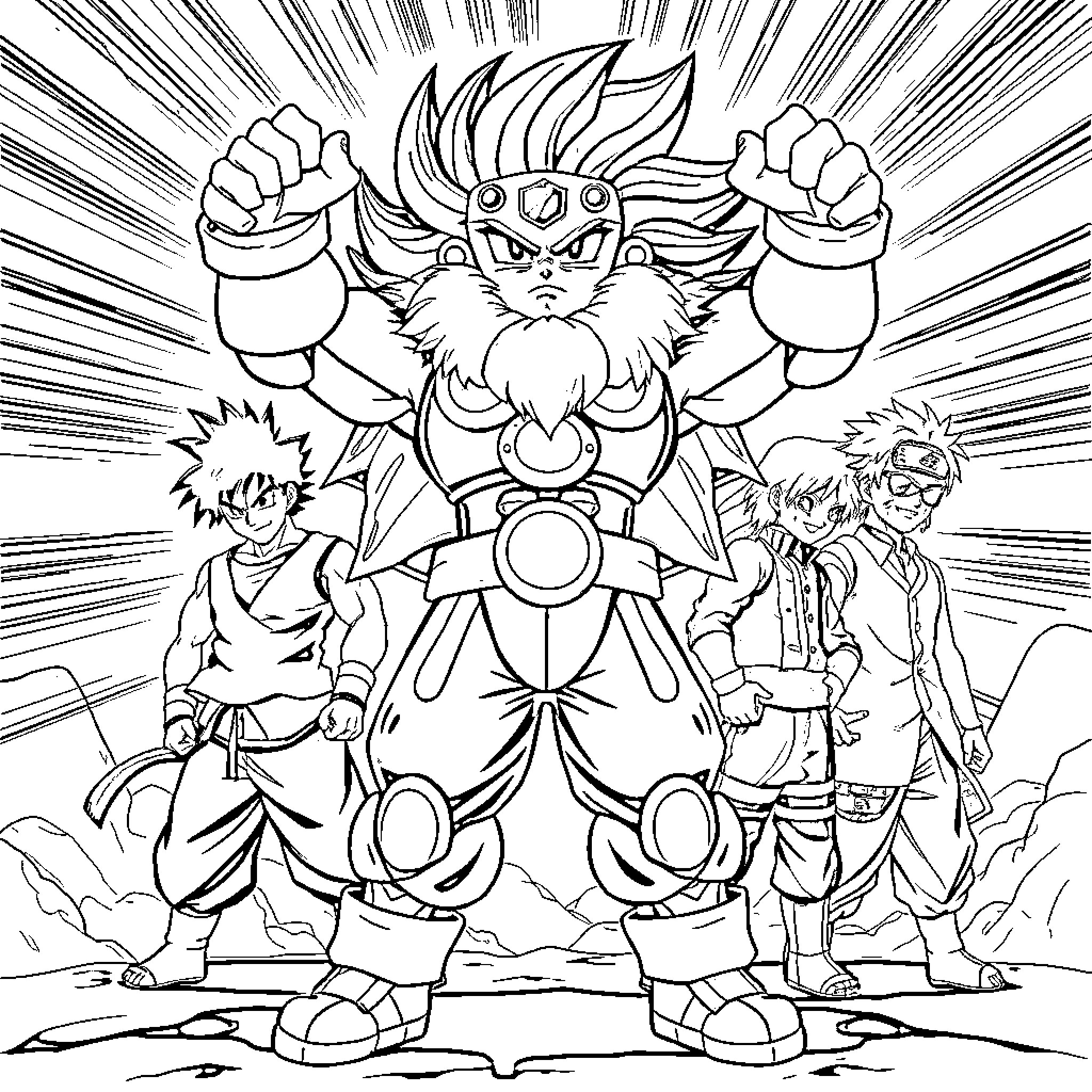 Gear-powered heroes in animated action battle Coloring Page (free black-and-white line drawing printable PDF for all, from beginners to advanced learners, including children, teens, adults, and seniors)