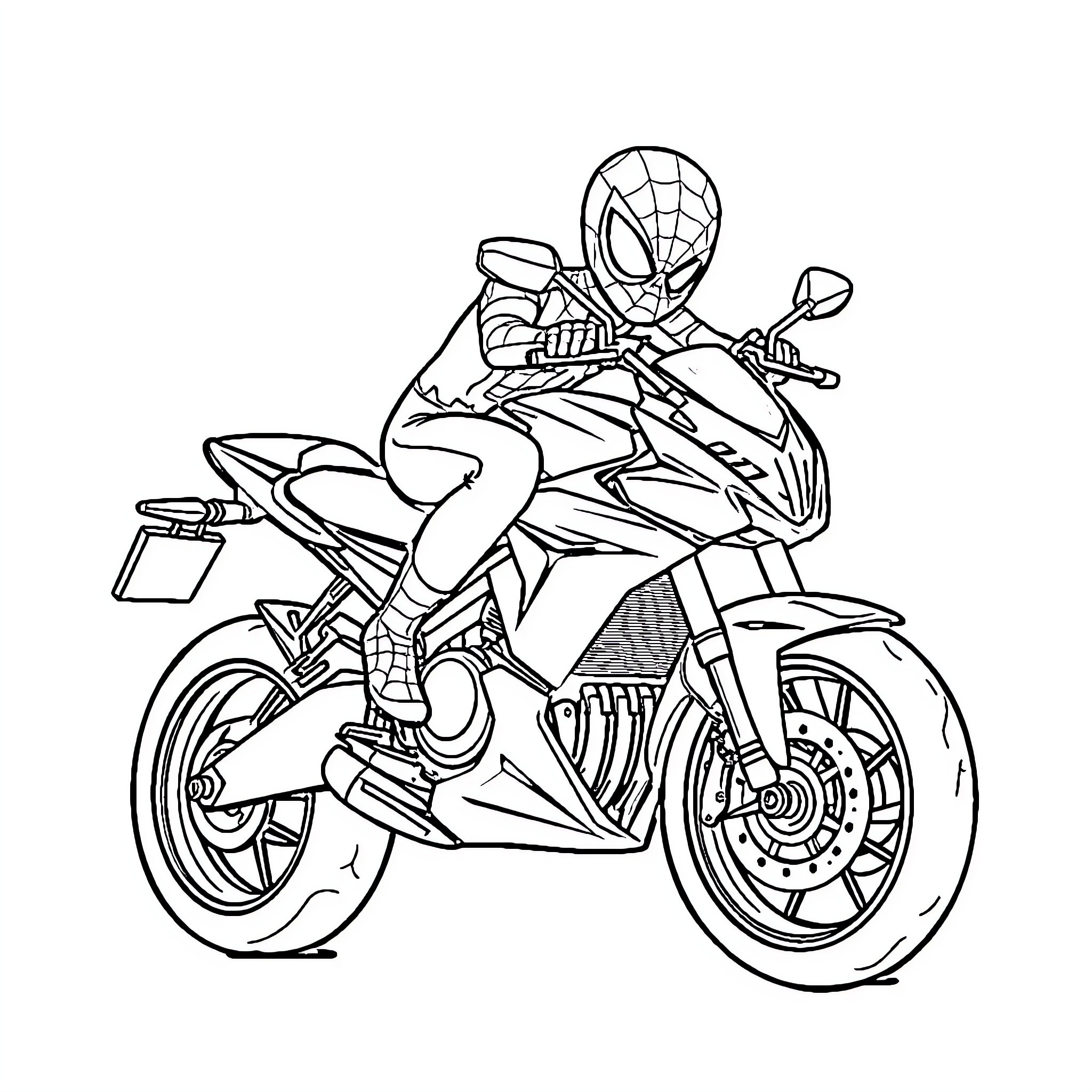 Spiderman riding a motorcycle in action Coloring Page (free black-and-white line drawing printable PDF for all, from beginners to advanced learners, including children, teens, adults, and seniors)