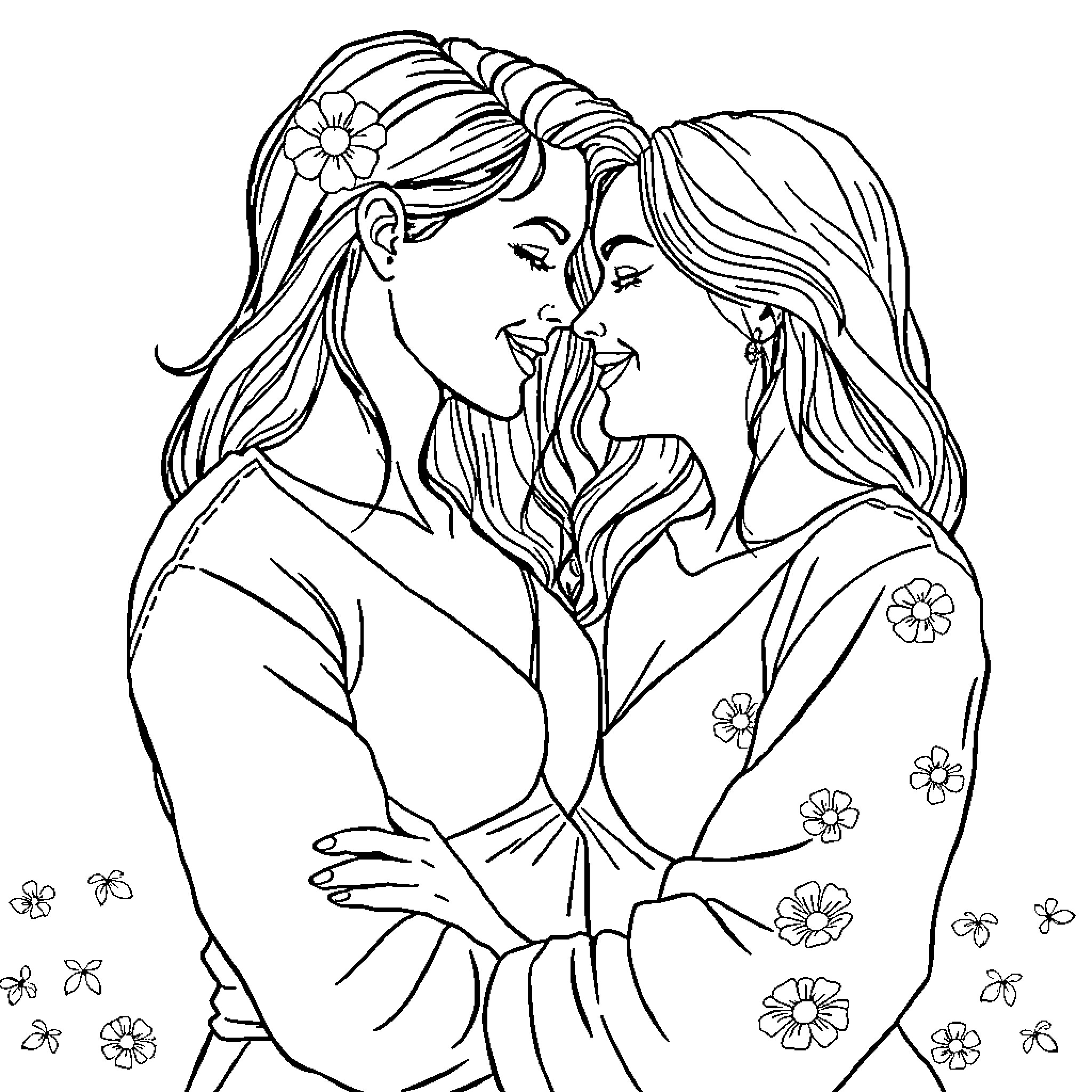 Lesbian lovers embrace affectionately with floral details Coloring Page (free black-and-white line drawing printable PDF for all, from beginners to advanced learners, including children, teens, adults, and seniors)