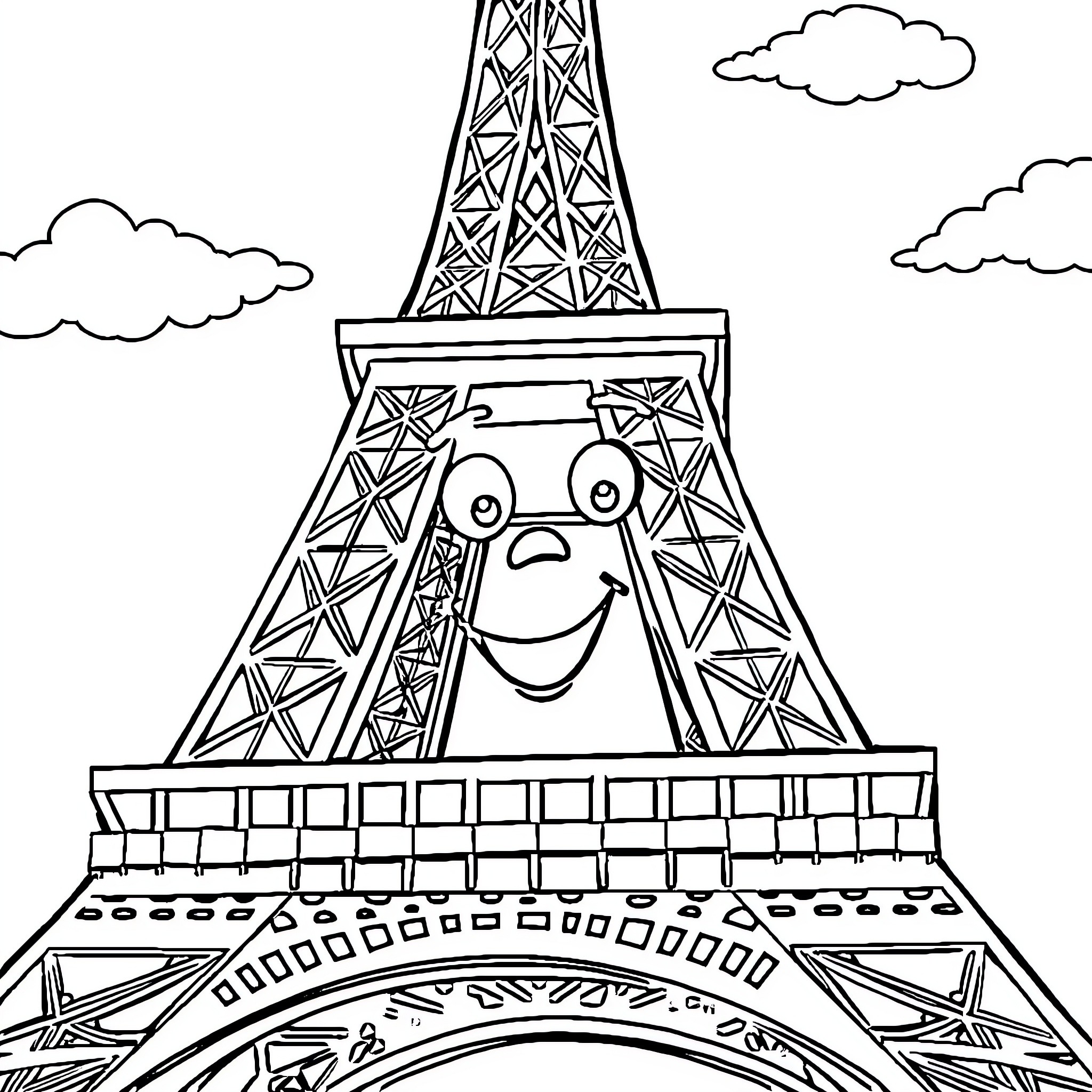 Eiffel Tower with a happy expression Coloring Page (free black-and-white line drawing printable PDF for all, from beginners to advanced learners, including children, teens, adults, and seniors)