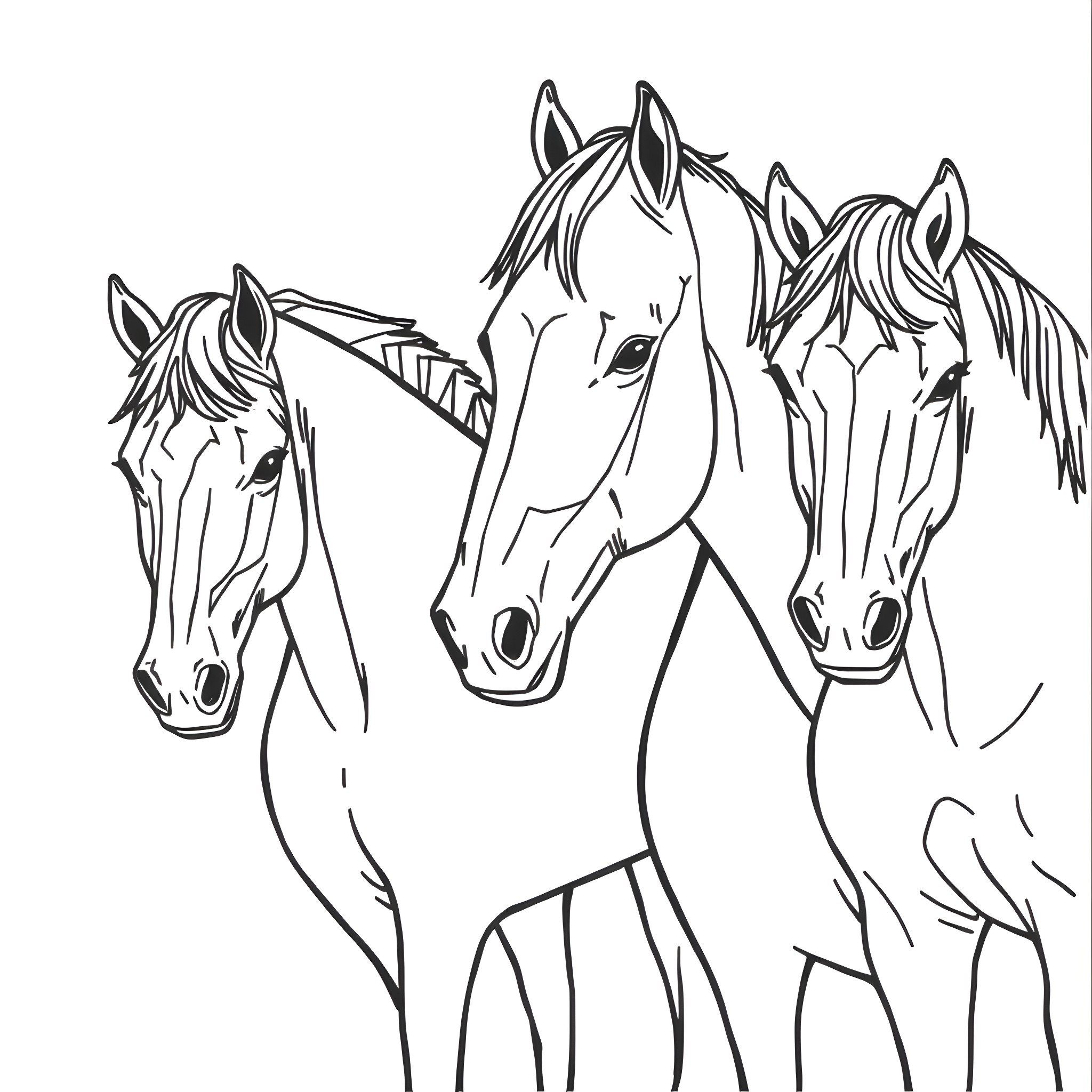 Horse herd in simple black and white sketch Coloring Page (free black-and-white line drawing printable PDF for all, from beginners to advanced learners, including children, teens, adults, and seniors)