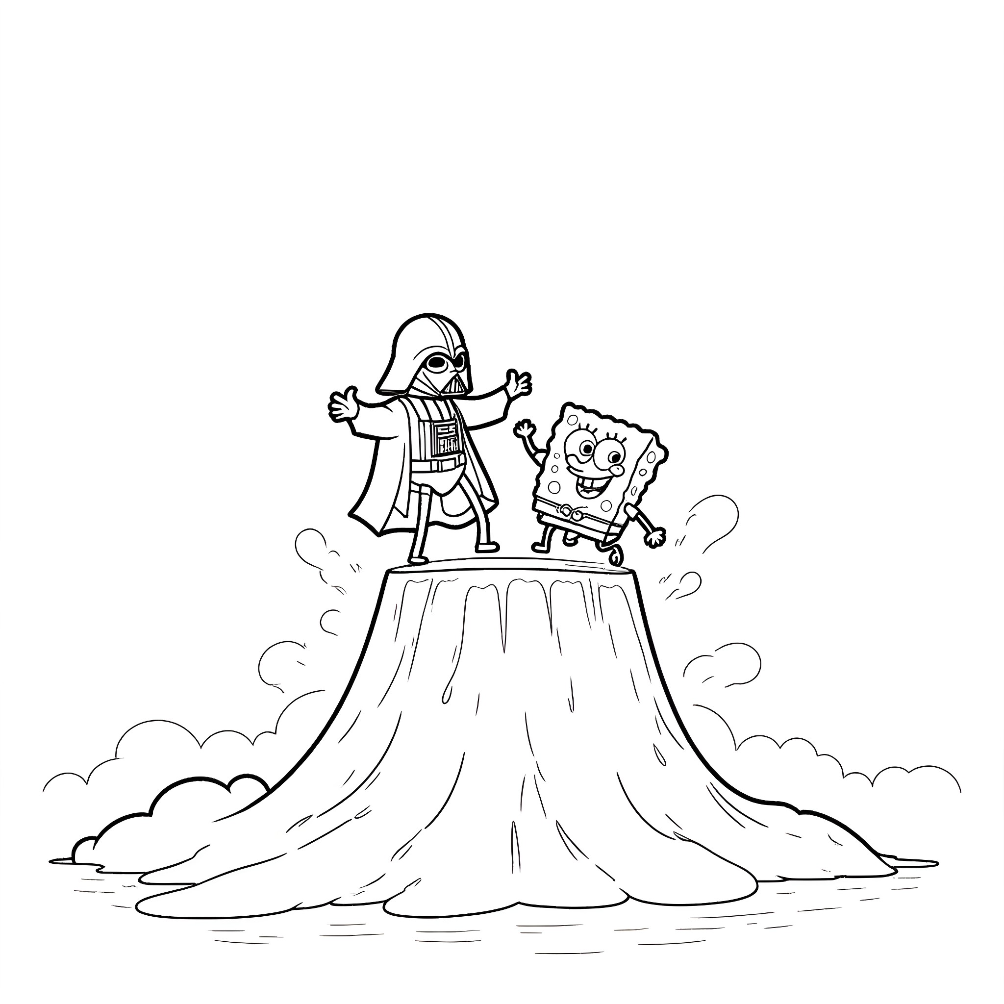 Darth Vader and SpongeBob on a lava mountain Coloring Page (free black-and-white line drawing printable PDF for all, from beginners to advanced learners, including children, teens, adults, and seniors)