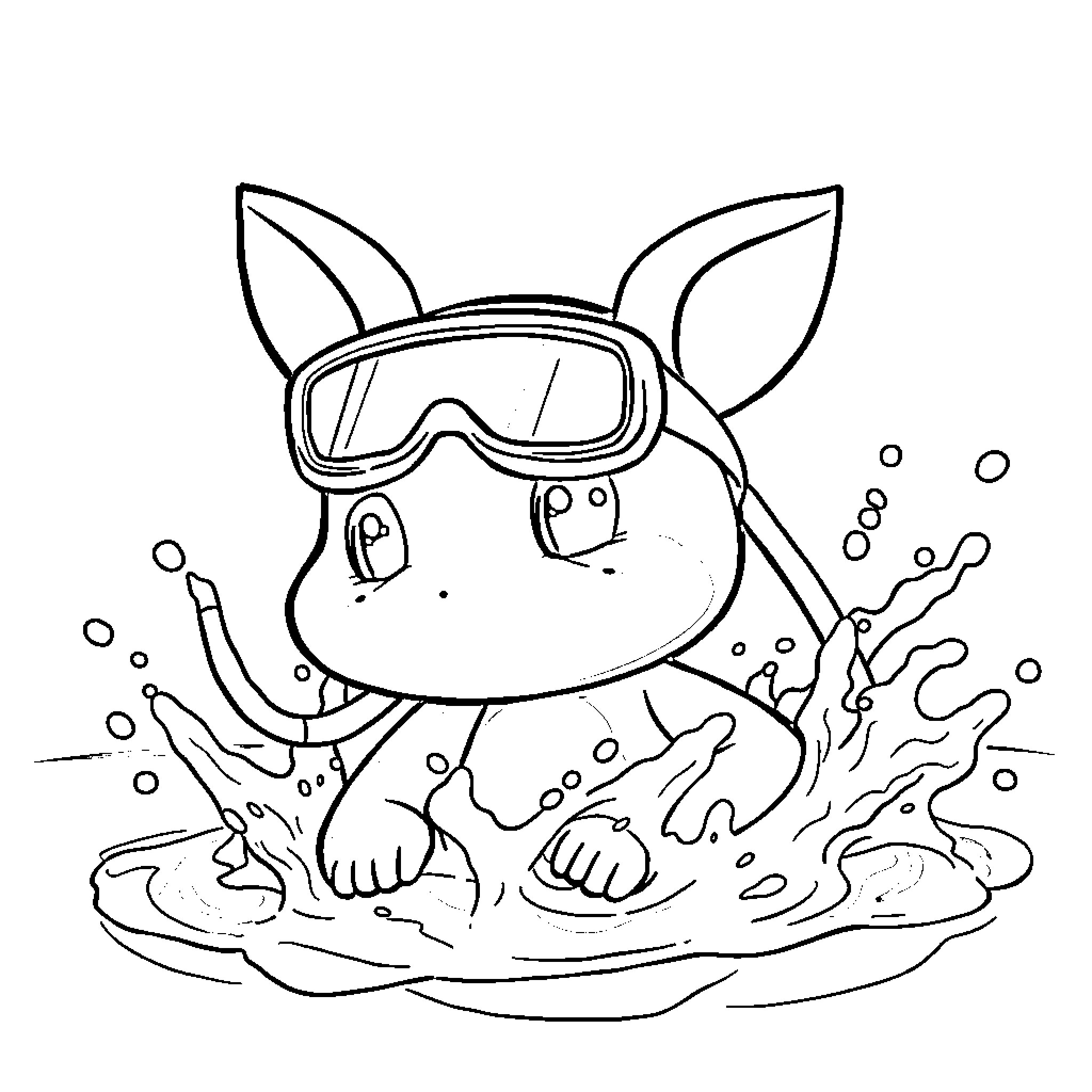 Bluey playing in the mud with swimming goggles Coloring Page (free black-and-white line drawing printable PDF for all, from beginners to advanced learners, including children, teens, adults, and seniors)