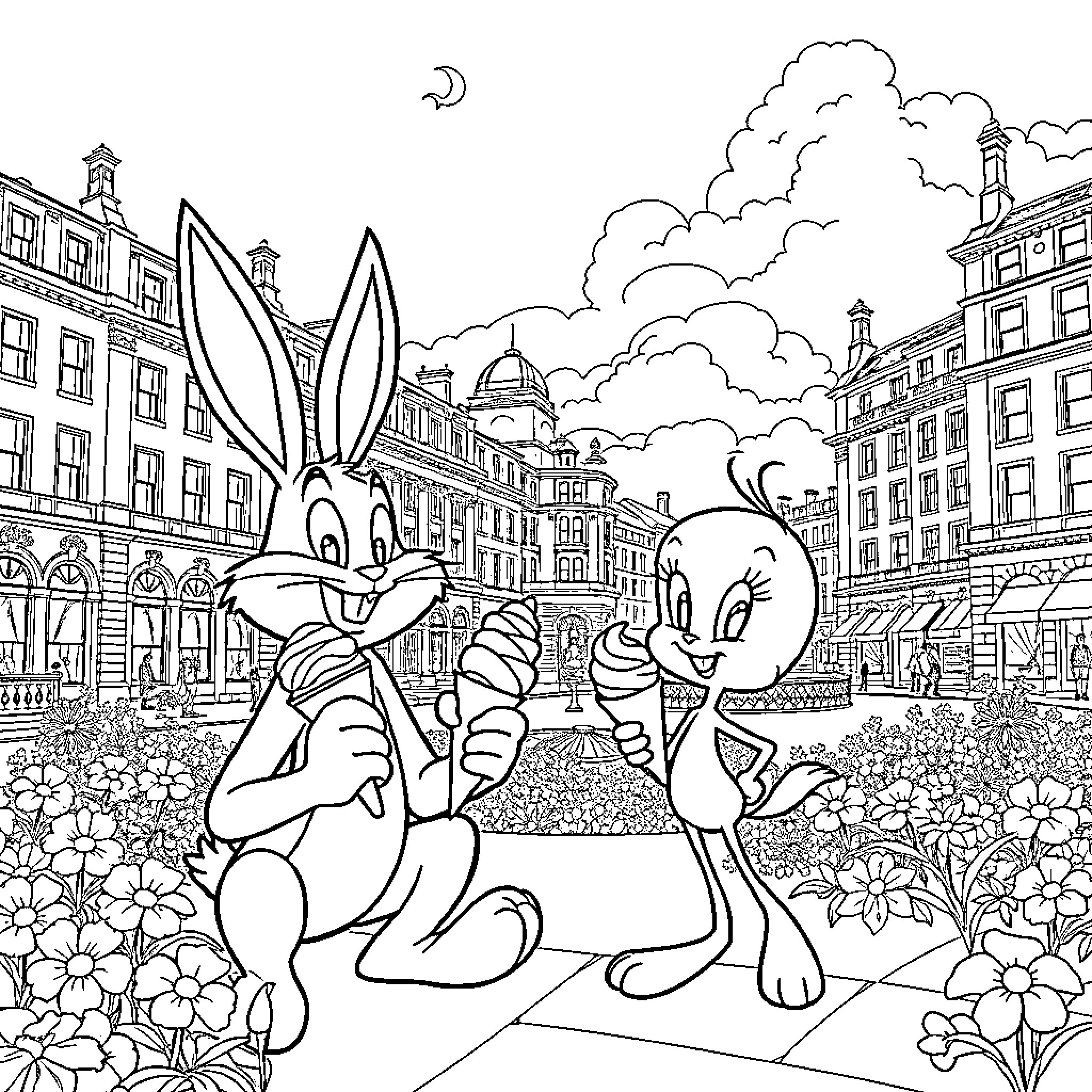 Bugs Bunny and Tweety Bird explore the city Coloring Page (free black-and-white line drawing printable PDF for all, from beginners to advanced learners, including children, teens, adults, and seniors)