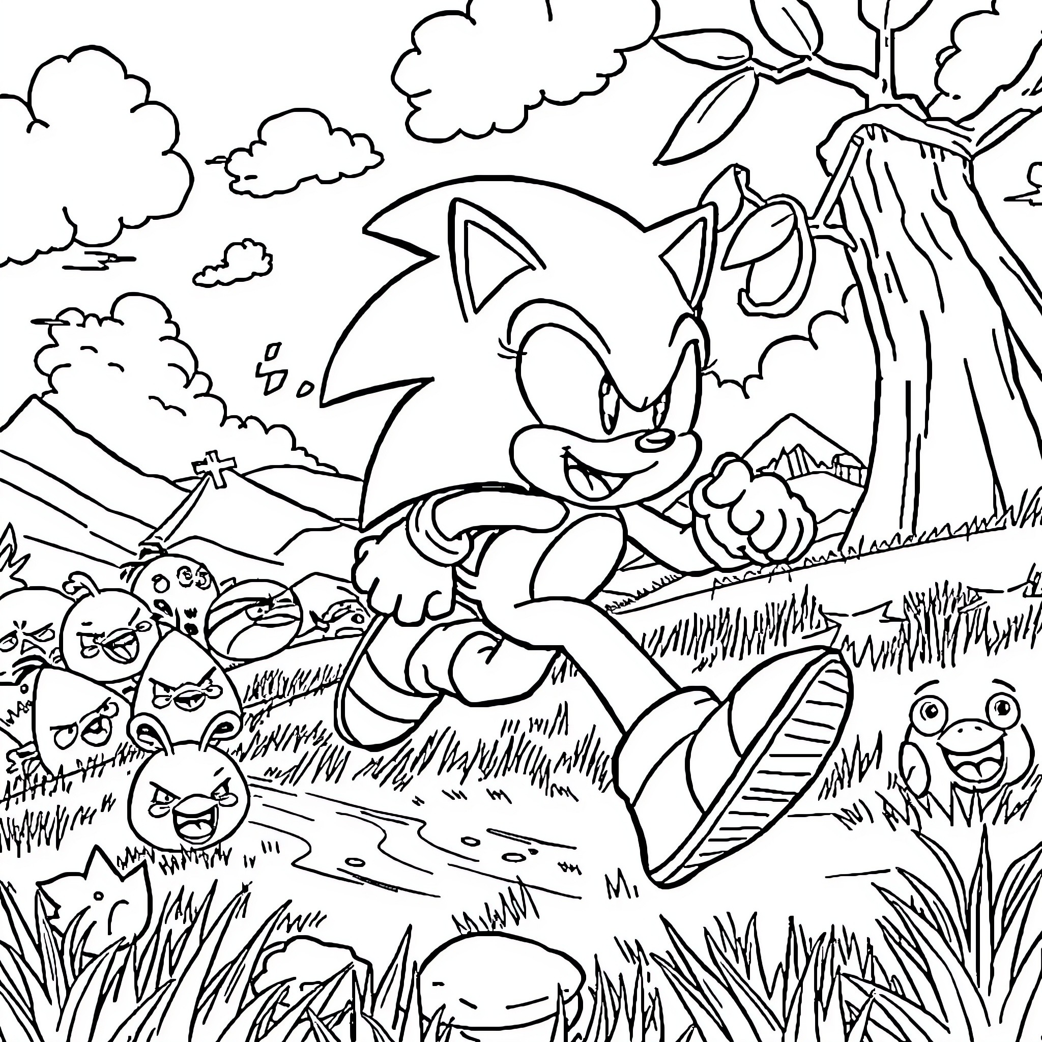 Sonic on an Adventure in Nature Coloring Page (free black-and-white line drawing printable PDF for all, from beginners to advanced learners, including children, teens, adults, and seniors)