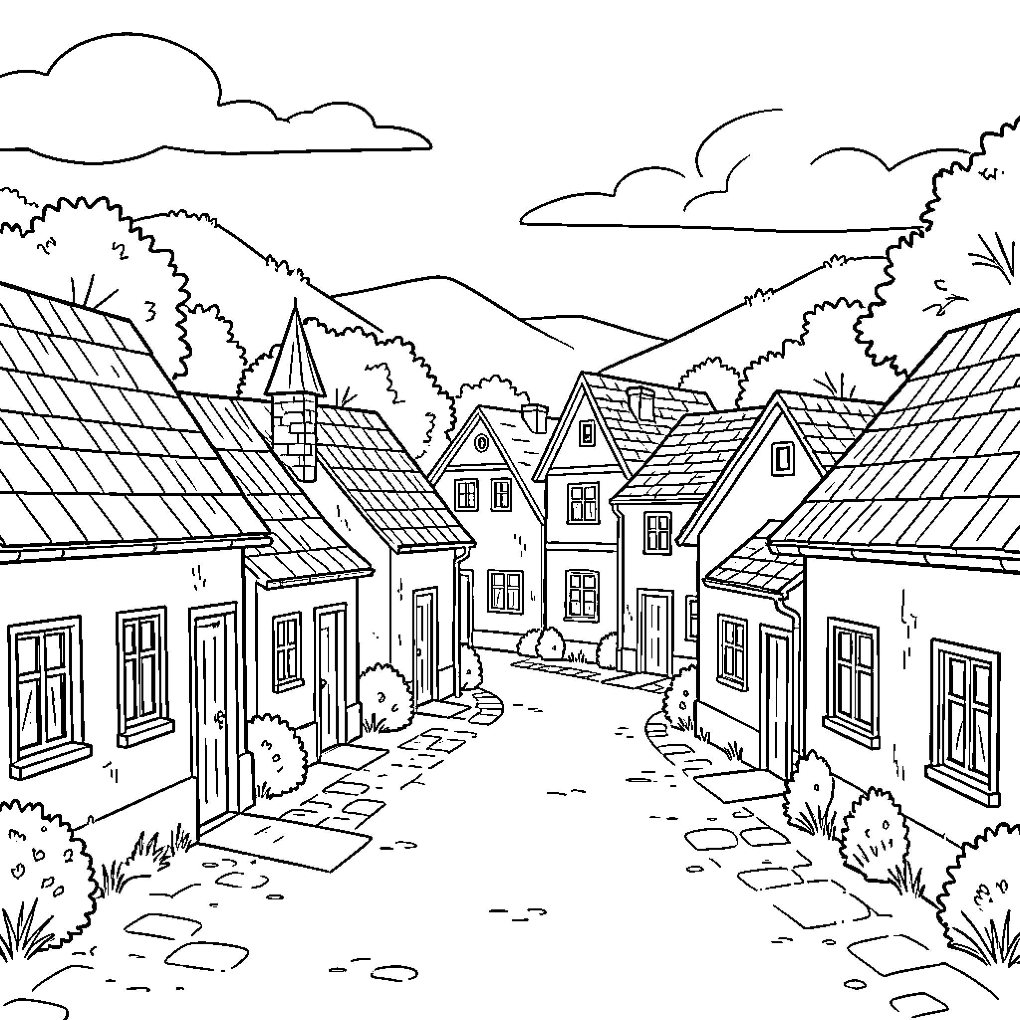 Svilaj view of quaint houses along a village street Coloring Page (free black-and-white line drawing printable PDF for all, from beginners to advanced learners, including children, teens, adults, and seniors)