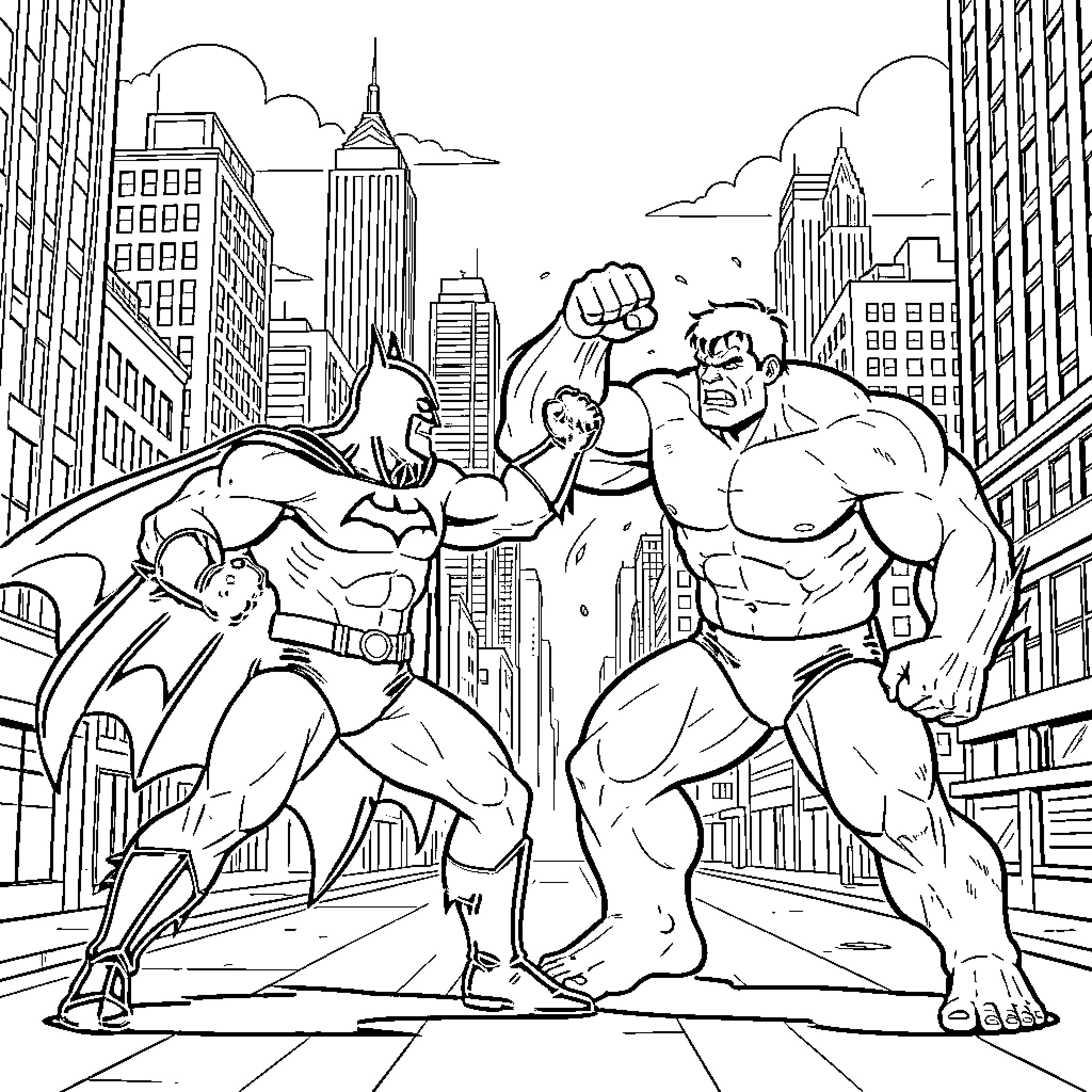 Batman and the Hulk battle in the city Coloring Page (free black-and-white line drawing printable PDF for all, from beginners to advanced learners, including children, teens, adults, and seniors)